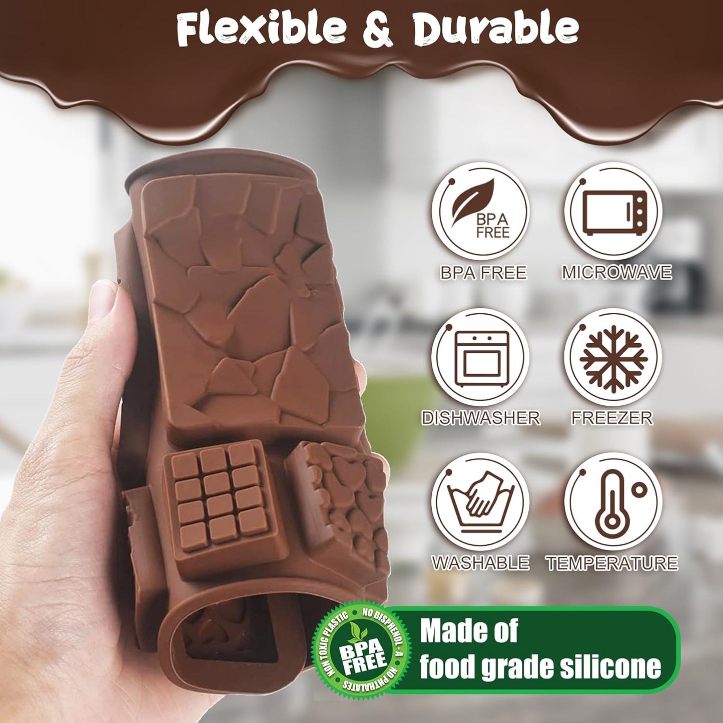 9 in 1 Silicone Break Apart Chocolate Bar Mold with Plastic Bags and Thanks for the stickers,Non Stick Homemade Protein and Energy Bar Mould - 113pcs
