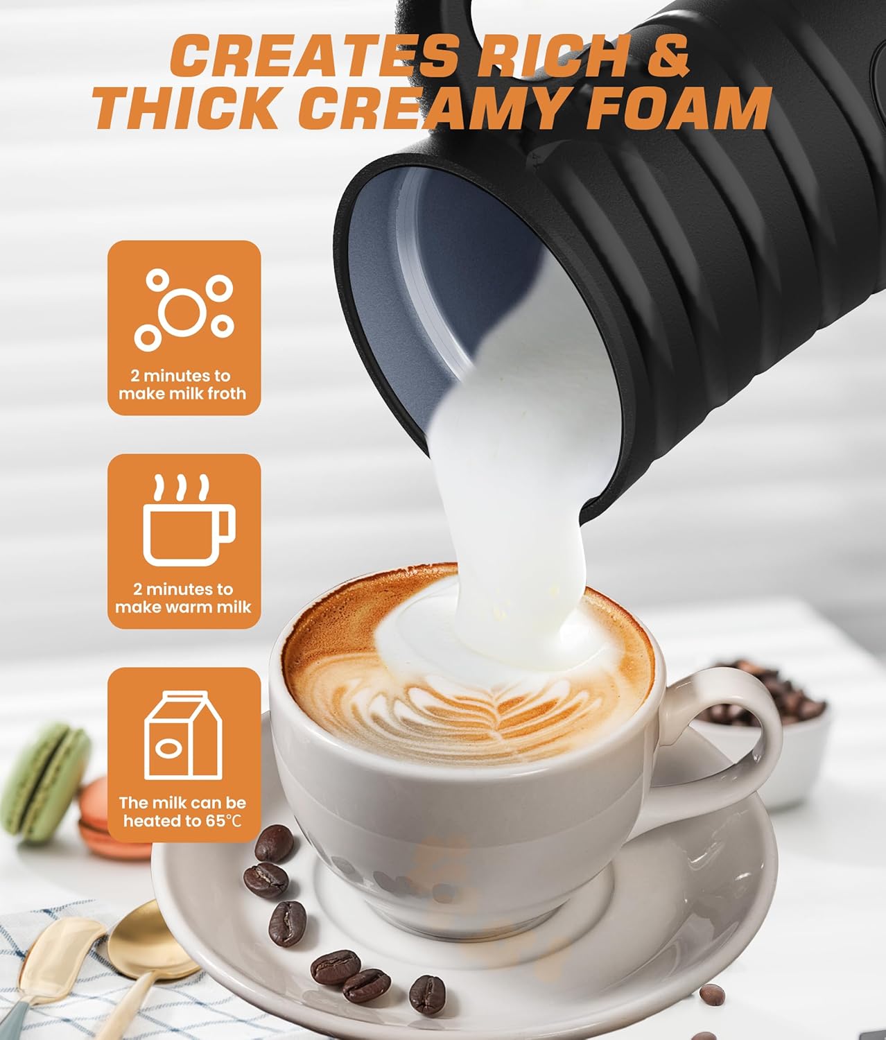 4-in-1 Electric Milk Frother and Steamer - Versatile & Quiet Foam Maker with Automatic Shut-Off - Perfect for Lattes, Cappuccinos, Macchiato - Large 350ml Capacity for Home Baristas (Black2)