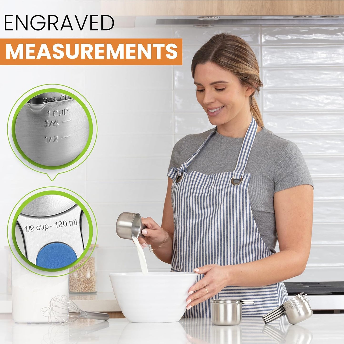 Spring Chef Magnetic Stainless Steel Measuring Cups (Patent Pending), Kitchen Tools with Easy to Read Markings for Measuring Dry or Liquid Ingredients, Set of 7, Winter Frost