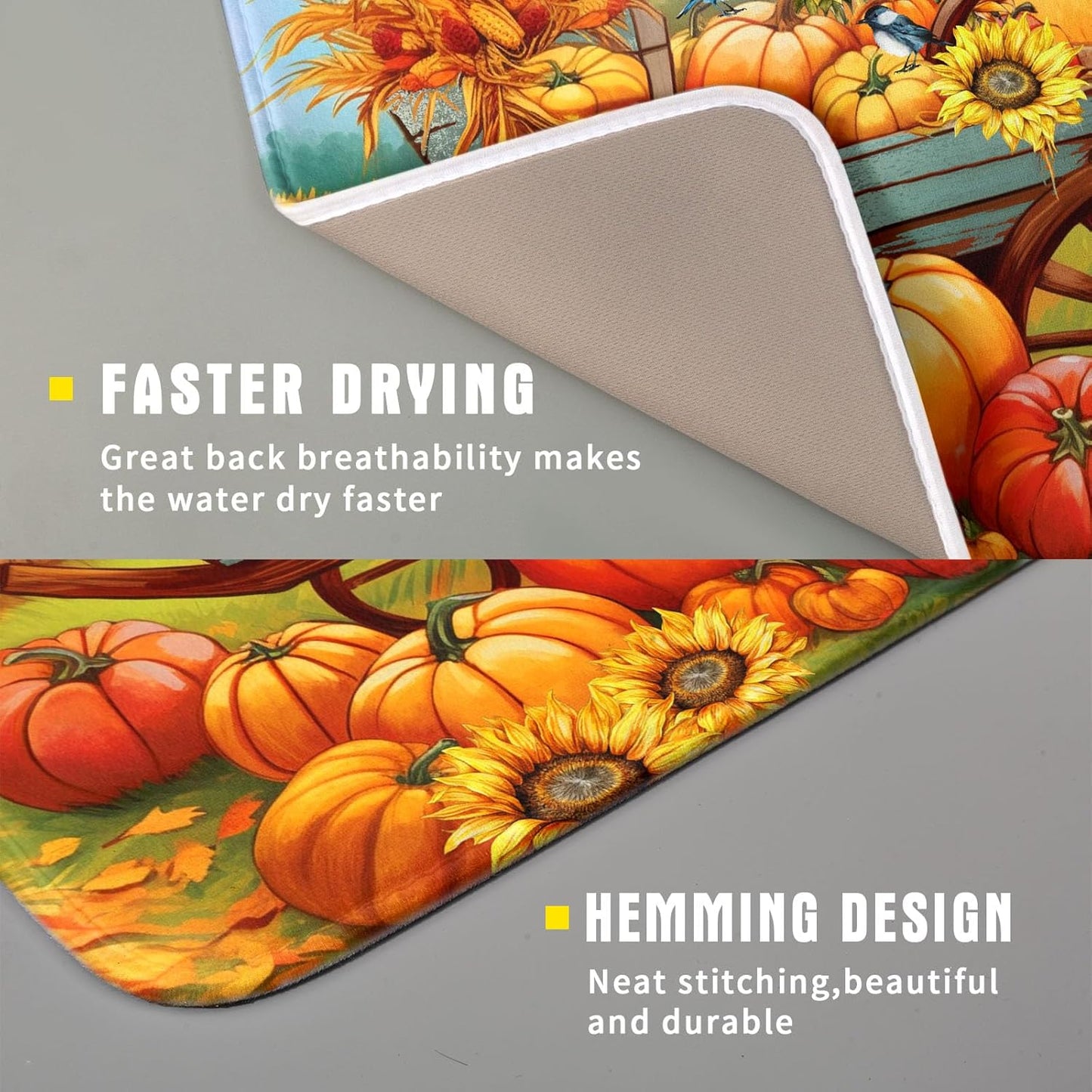 Thanksgiving Autumn Harvest Pumpkin Dish Drying Mat for Kitchen Counter,Sunflowers and Cart Drying Mat 16 x 18 Inch Microfiber Dish Drying Pad Ear of Rice Dish Rack Drainer Mat for Coffee Bar