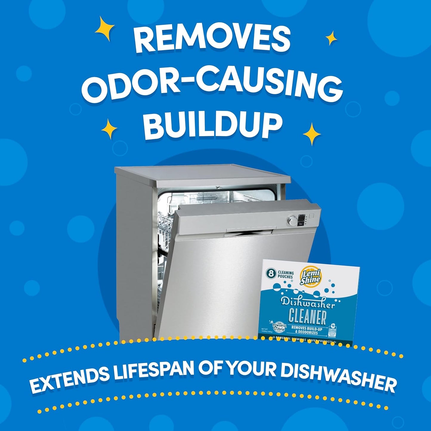 Lemi Shine Natural Dishwasher Cleaner Powered By Citric Acid | 100% Guaranteed Hard Water Cleaning Powder | Eco-Friendly Dishwasher Cleaner and Deodorizer With Fresh Lemon Scent (8 Count)