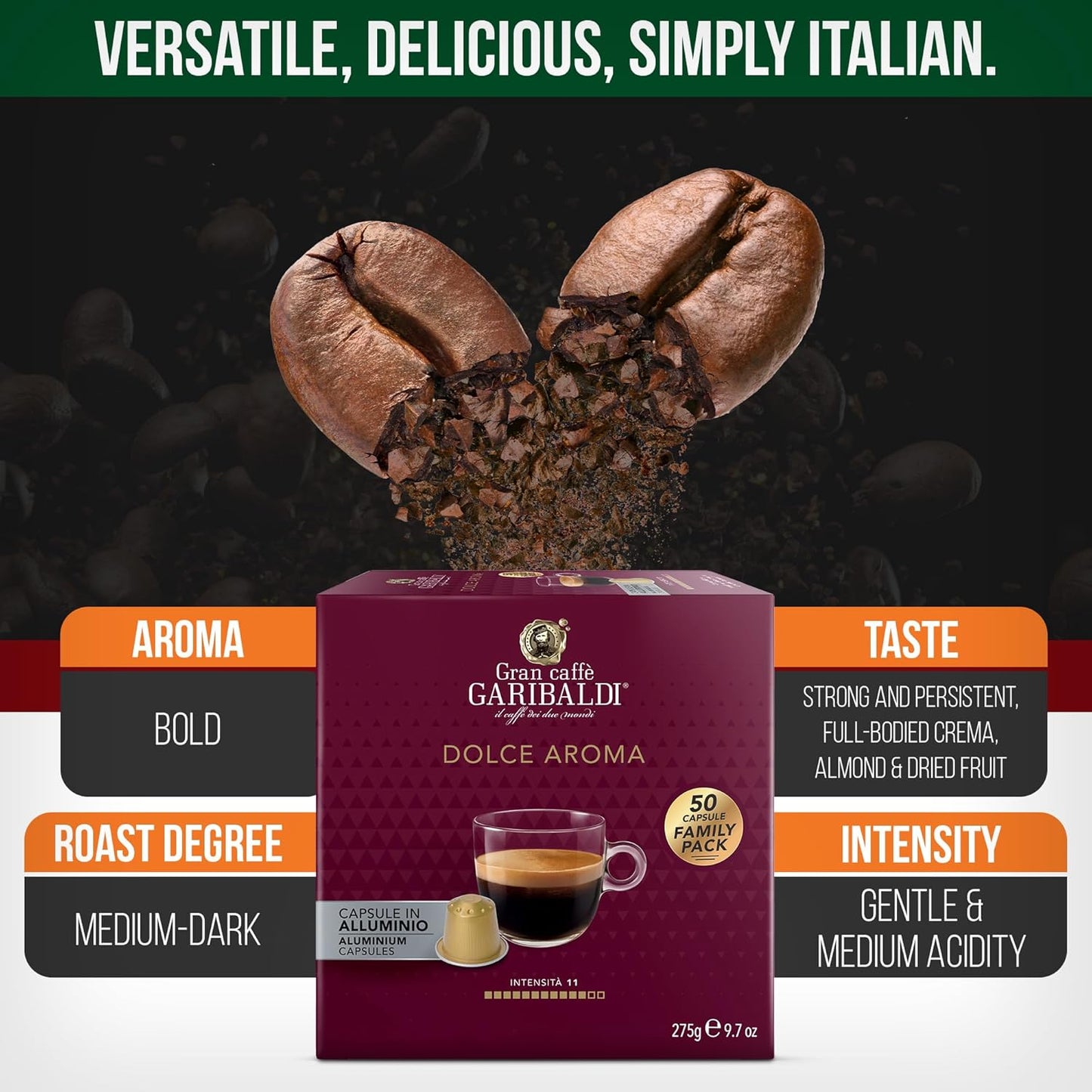 Gran Caffè Garibaldi Espresso Pods, Italian Roasted Coffee, Compatible Nespresso Original Line Machines, Nitrogen Flushed, Full-Bodied Crema, Almond & Dried Fruit - Dolce Aroma 50 Aluminum Cups