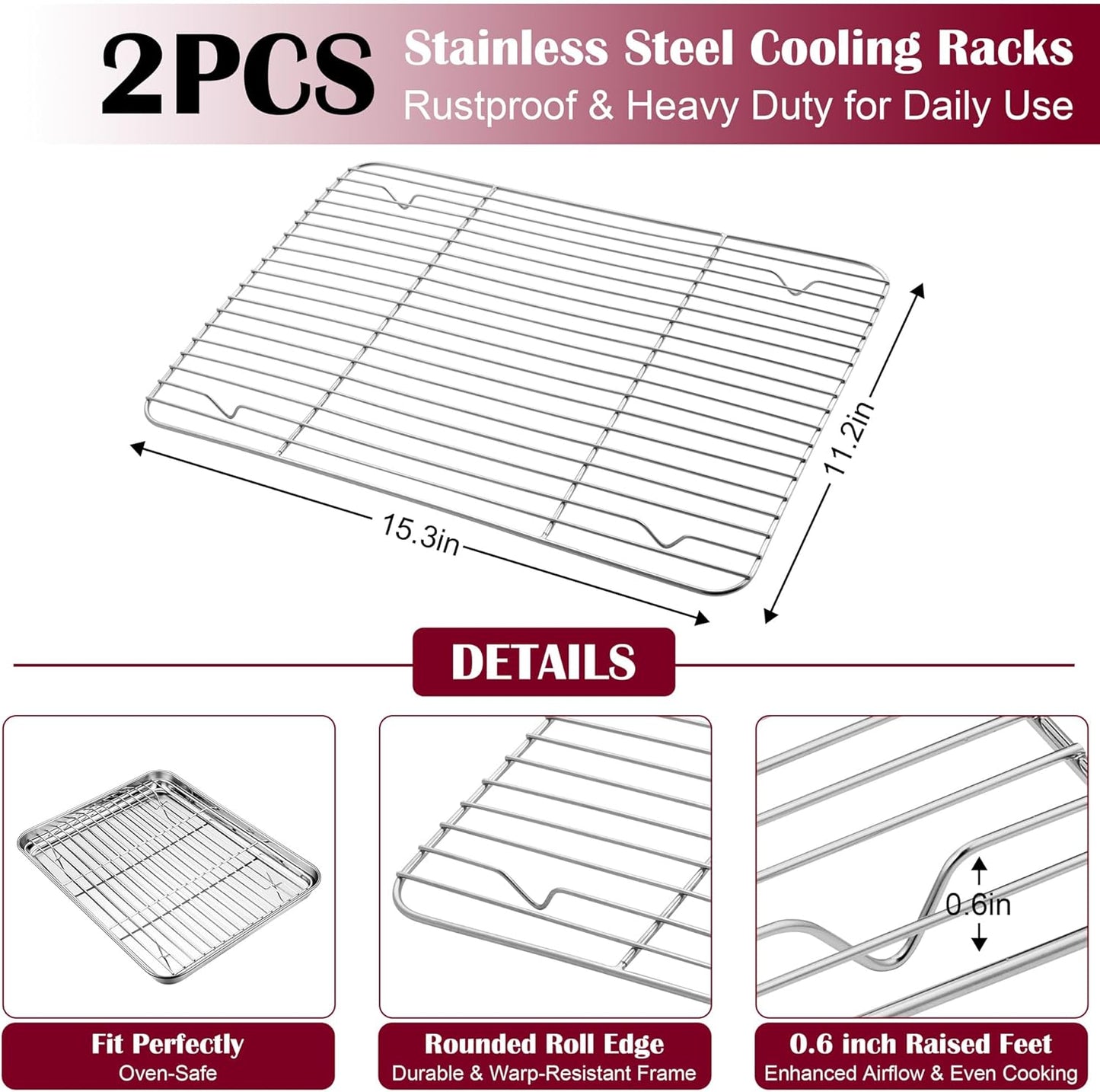 E-far Baking Sheet with Wire Rack (2 Pans + 2 Racks), Stainless Steel Cookie Sheets Pan & Cooling Rack for Baking Cookies/Jelly Rolls, Non Toxic & Heavy Duty, Oven & Dishwasher Safe, 16 x 12 x 1 Inch