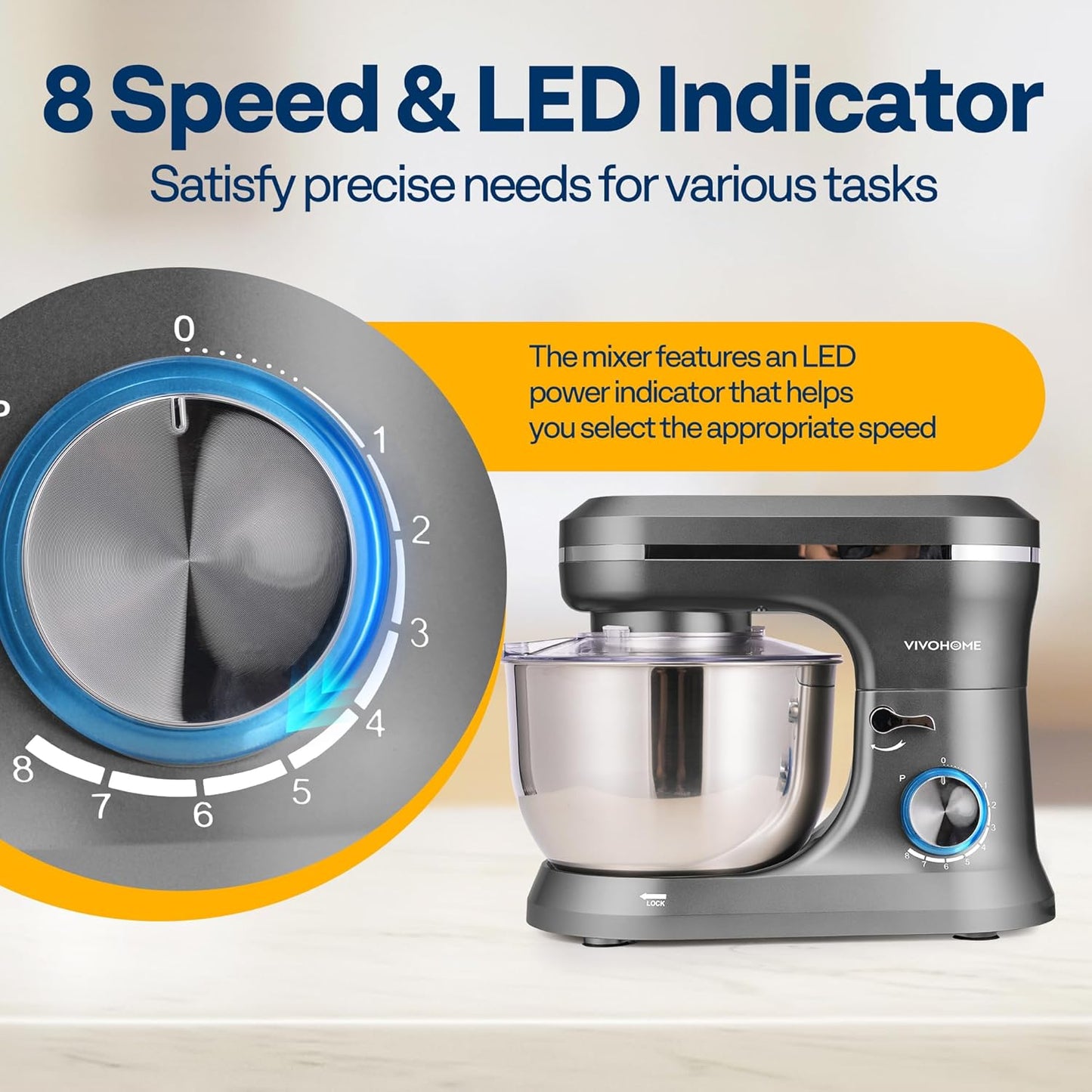 VIVOHOME 4.75 Quart Stand Mixer, 8 Speed Kitchen Electric Food Mixer, Household Stand Mixer for Baking, Cake, Bread with Beater, Dough Hook, Wire Whip and Egg Separator, Gray