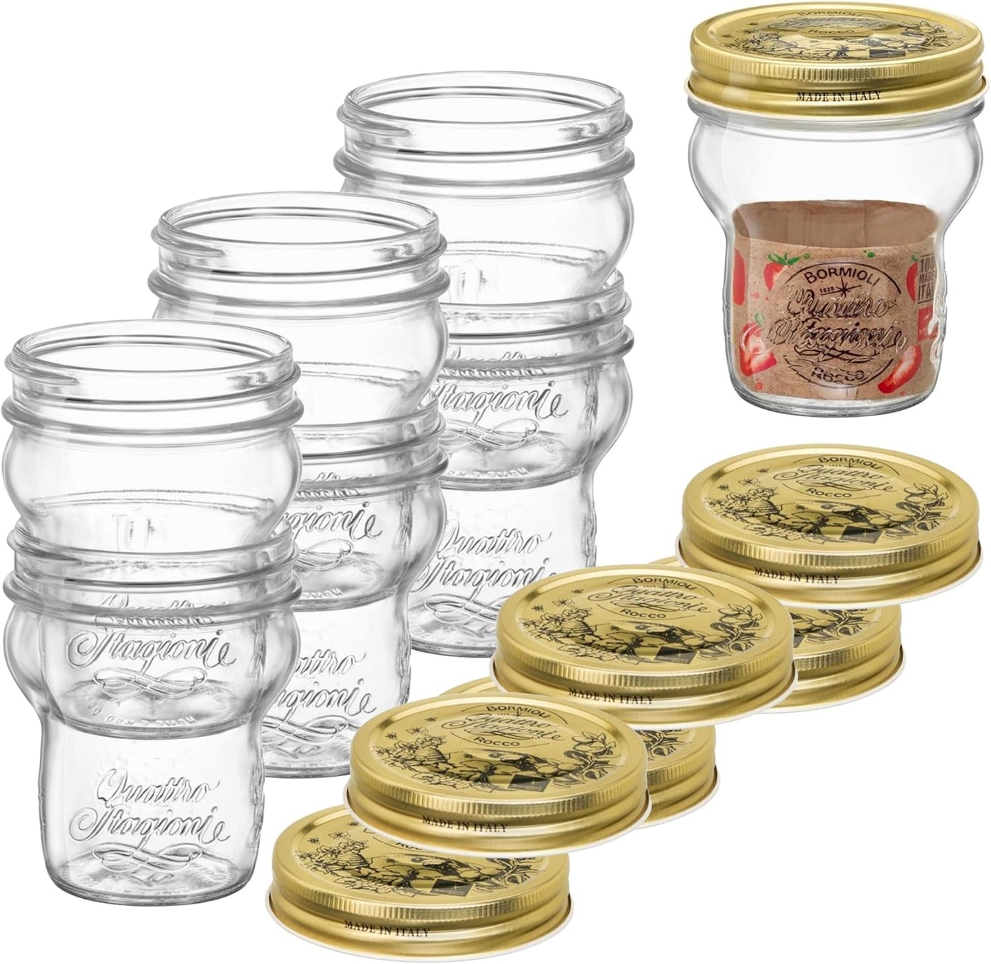 Bormioli Rocco Quattro Stagioni Glass Jars (Set of 6) - 9.25 Oz Stackable Storage Jars with Wide Mouth & Aluminum Lids - Glass Containers for Preserving, Serving, Organizing - Made in Italy
