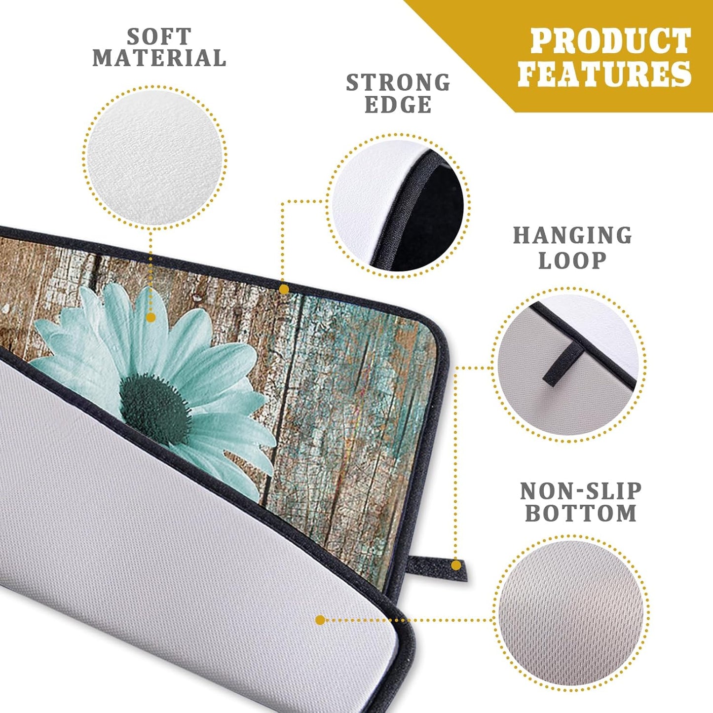 Rustic Daisy Dish Drying Mat for Kitchen Countertop 18x24 inch Teal Sunflowers on Wooden Board Dish Drainer Mats Fast Drying Country Vintage Style Shabby Chic Flower Dish Drying Pad Decor Large