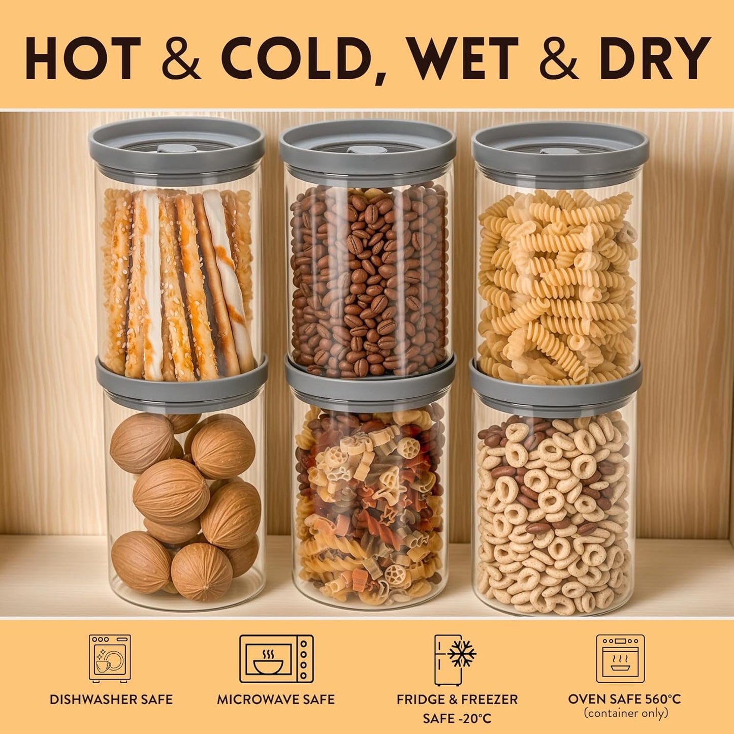 Glass Airtight Canisters with Silicone and Glass Lids – BPA-Free Borosilicate Containers for Food Prep, Storage, Wet or Dry Food Jars for Rice, Tea, Coffee, Candy – Set of 6 (28 oz)