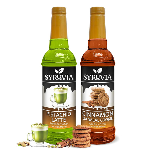 Syruvia Pistachio Latte Syrup & Cinnamon Oatmeal Cookie Syrup - 25.4 fl oz. Premium Coffee Flavoring Syrup. Kosher, & Gluten-Free. Perfect for Enhancing Drinks, Smoothies, Shakes, Desserts, & More.