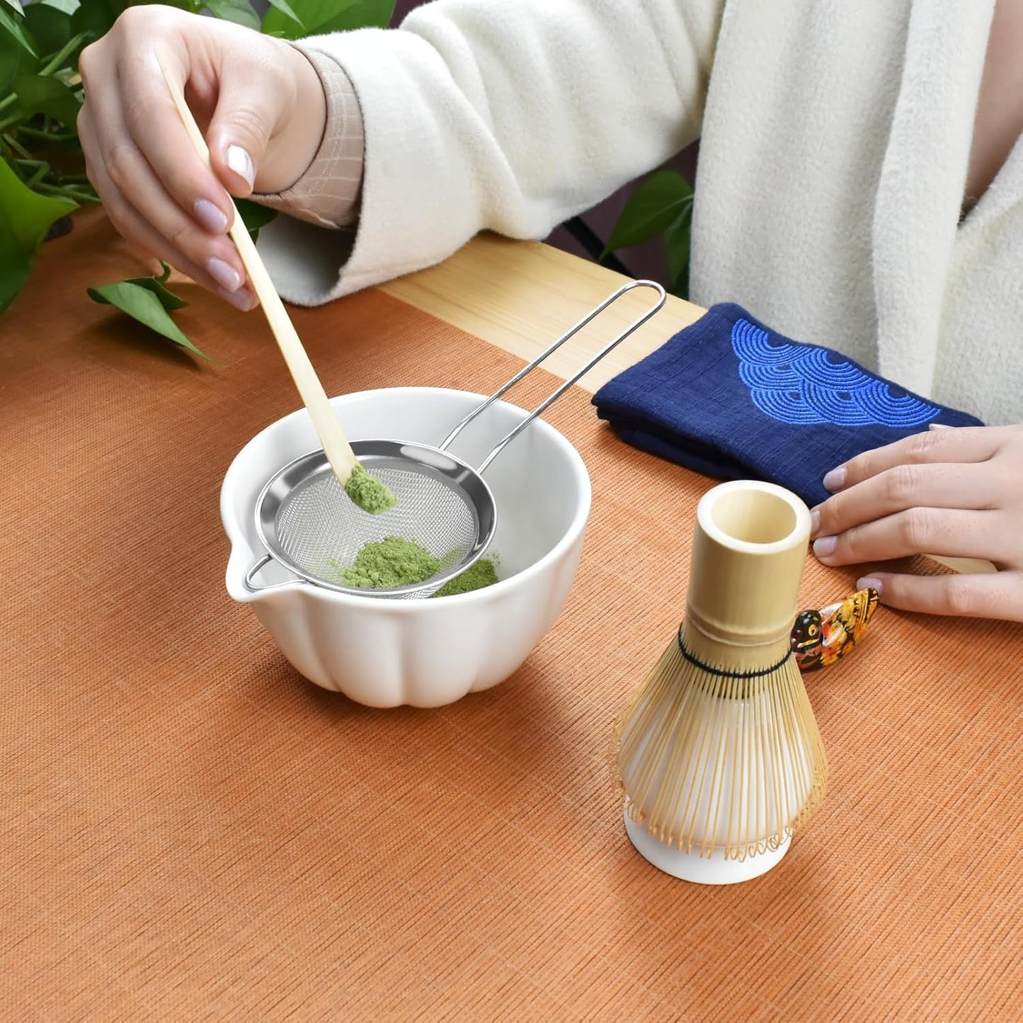 Artcome 7 Pcs Japanese Matcha Tea Set - Matcha Bowl with Pouring Spout, Matcha Whisk, Tea Scoop, Whisk Holder, Handmade Matcha Ceremony Kit For Japanese Tea Ceremony, Ivory