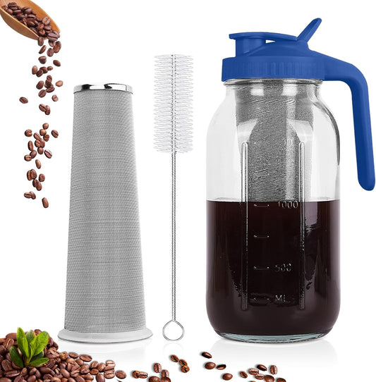 Cold Brew Coffee Maker,64 oz Mason Jar Pitcher with Stainless Steel Filter, Pour Spout Handle Lid, Heavy Duty Glass Airtight & Leak-Proof Pitcher for iced coffee Tea Lemonade -Blue