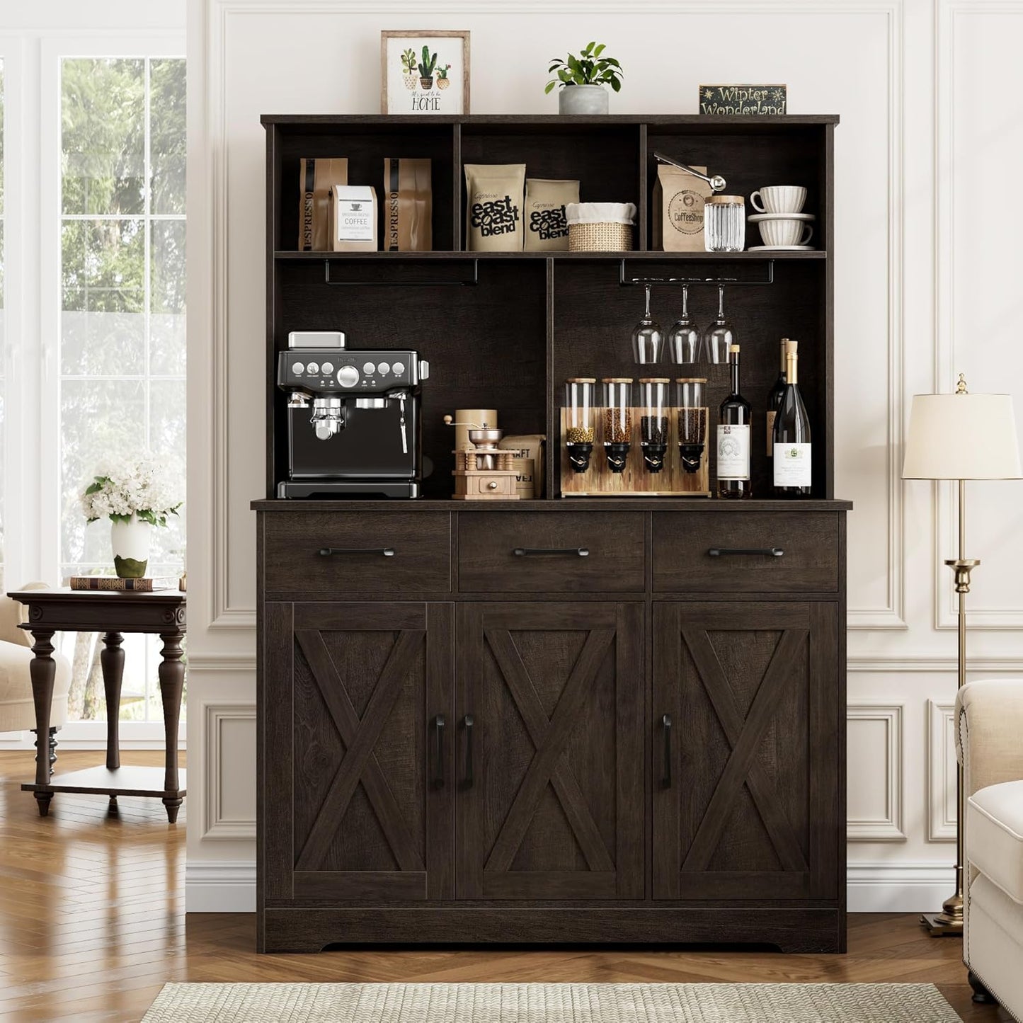 HOSTACK Buffet Cabinet with Hutch, Modern Farmhouse Kitchen Buffet Sideboard Storage Cabinet with 3 Drawers, Barn Door Coffee Bar Station for Dining Room, Living Room, Dark Brown