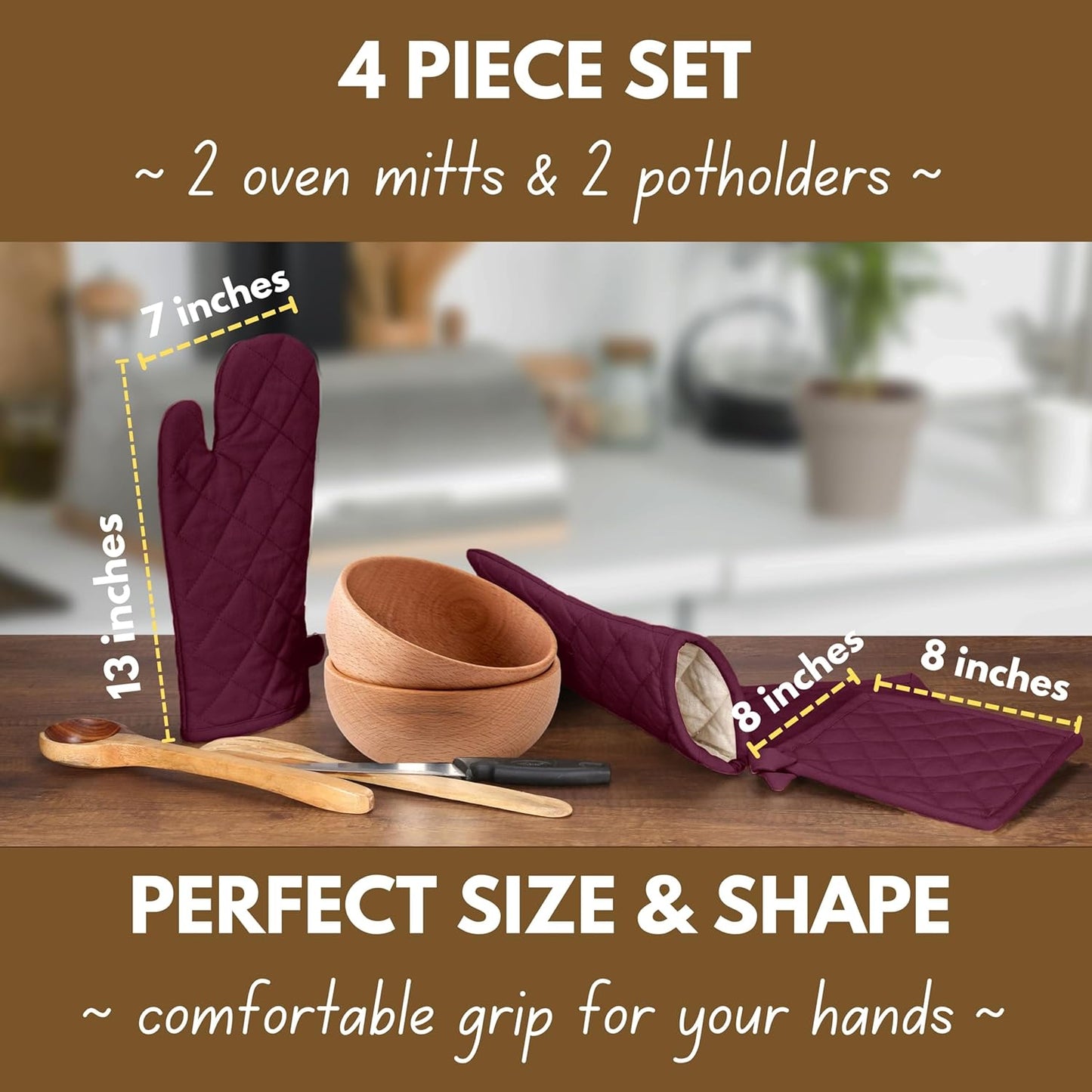 Native Fab 4 Piece Set - 2 Oven Mitts & 2 Potholders, Heat Resistant, 100% Cotton, Quilted Design, Non-Slip Grip, Machine Washable, Ideal for Baking, Cooking, BBQ, Kitchen Protection - Burgundy Wine