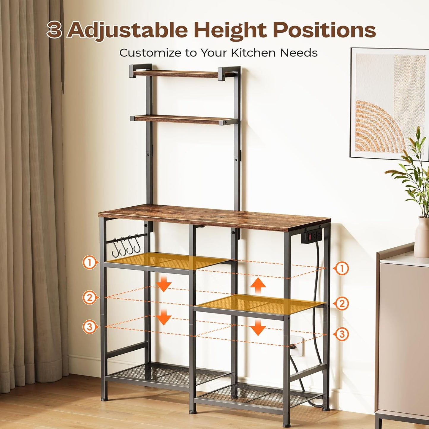 Huuger 31.5 Inch Bakers Rack with Power Outlets, Kitchen Microwave Stand with Storage, Coffee Bar with 4 Hooks, 3-Level Height Open Shelves, Rustic Brown