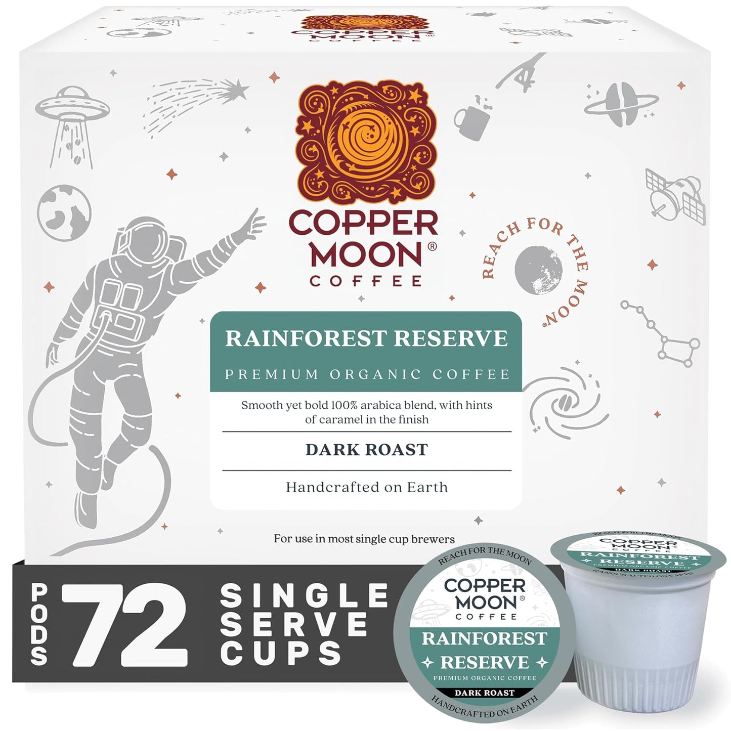 Copper Moon Single Serve Coffee Pods for Keurig K-Cup Brewers, Dark Roast, Rainforest Reserve Blend, 72 Count