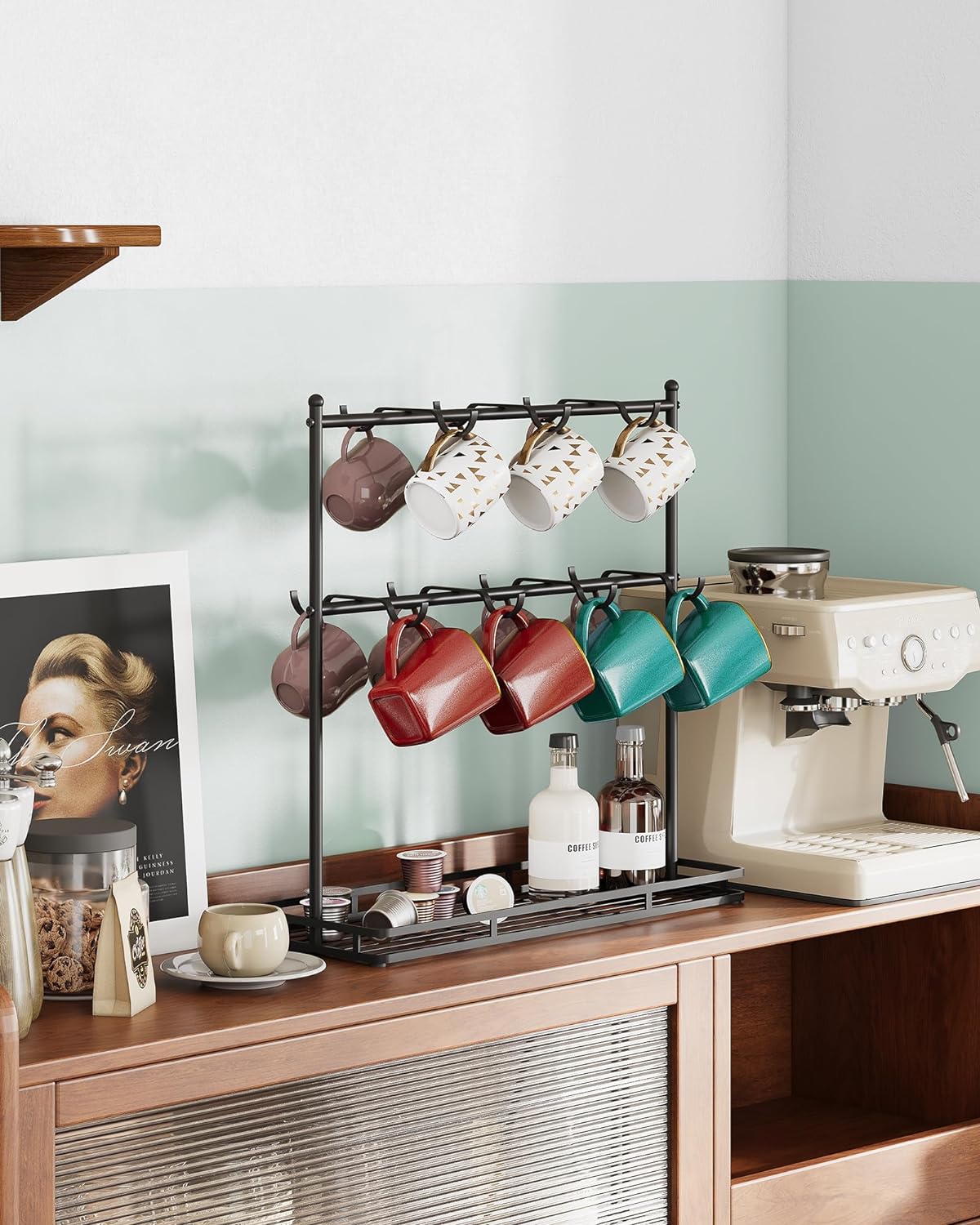 OROPY Coffee Mug Holder for Countertop, 14-Hook Mug Tree Rack for 14 Cups, 2 Tier Mug Display Stand with Heavy Duty Metal Base