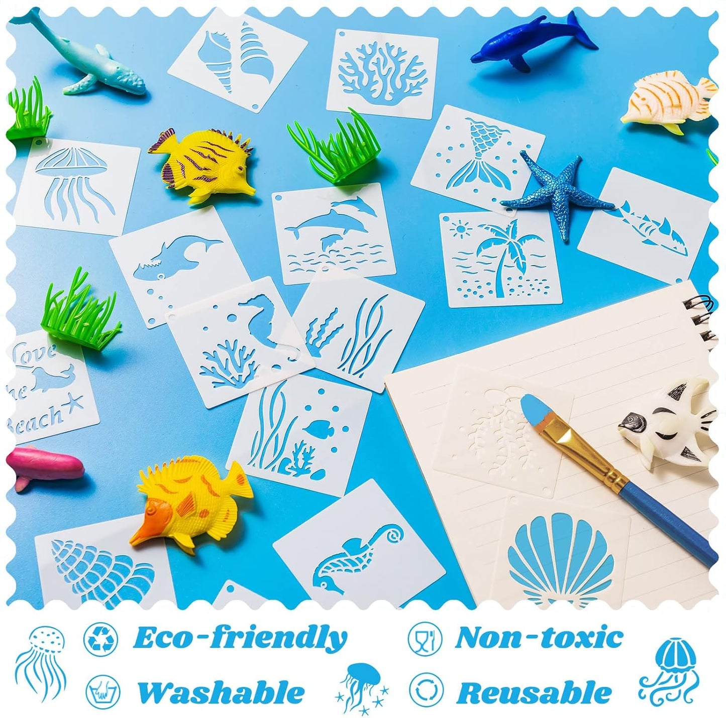 100 Pcs Stencils for Painting on Wood Reusable Stencil Crafts Drawing Templates Holiday Wall Paper for DIY Scrapbook Home 2 x 2 Inch(Marine Life)