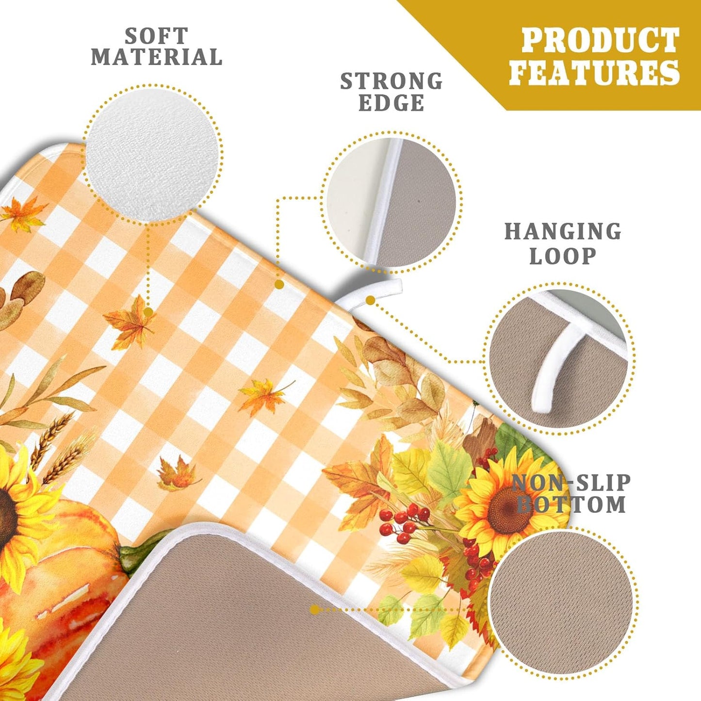 Autumn Maple Leaf Orange White Check Plaids Dish Drying Mat for Kitchen Counter,Fall Sunflower Pumpkin Drying Mat 16 x 18 Inch with Absorbent Reversible Microfiber Dish Drying Pad for Coffee Bar