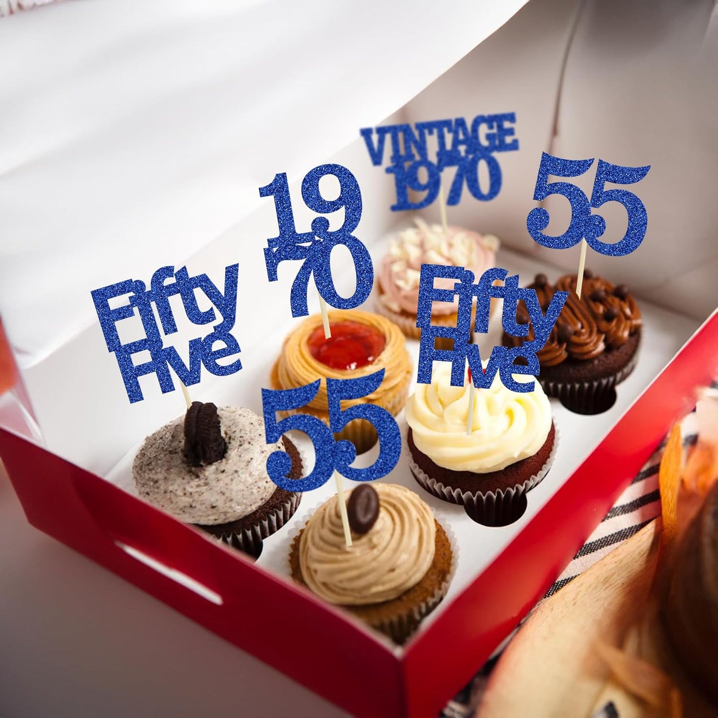 Gyufise 24Pcs Vintage 1970 Cupcake Toppers Glitter Cheers to 55 Fabulous Fifty Five Cupcake Picks 55th Birthday Wedding Anniversary Party Cake Decorations Supplies Deep Blue