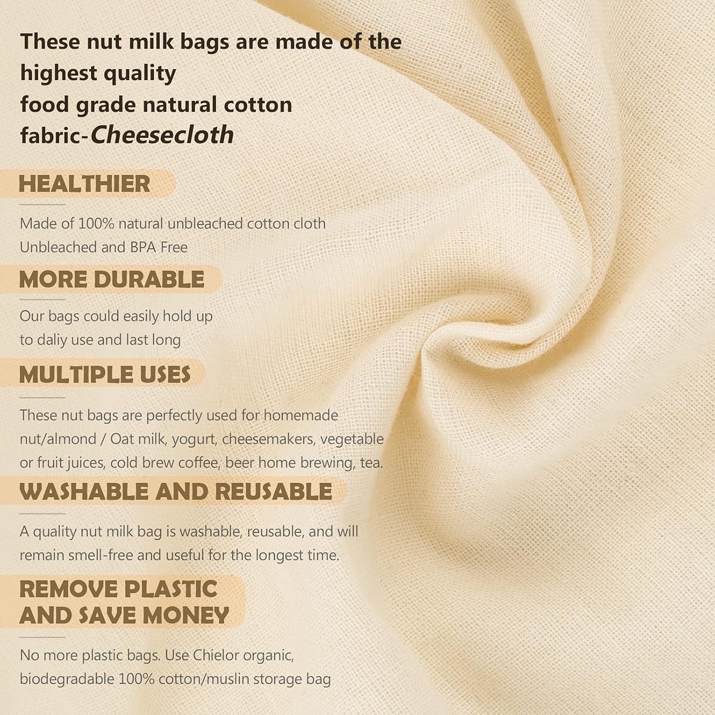 10 Pack Nut Milk Bag, 8‘’ x 12‘’ Fine Mesh Grade Reusable Cheesecloth Bags Strainers, Unbleached Organic Cotton Filter Bags for Almond Milk, Juices, ColdBrew, Cheese, Tea, Yogurt, Coffee