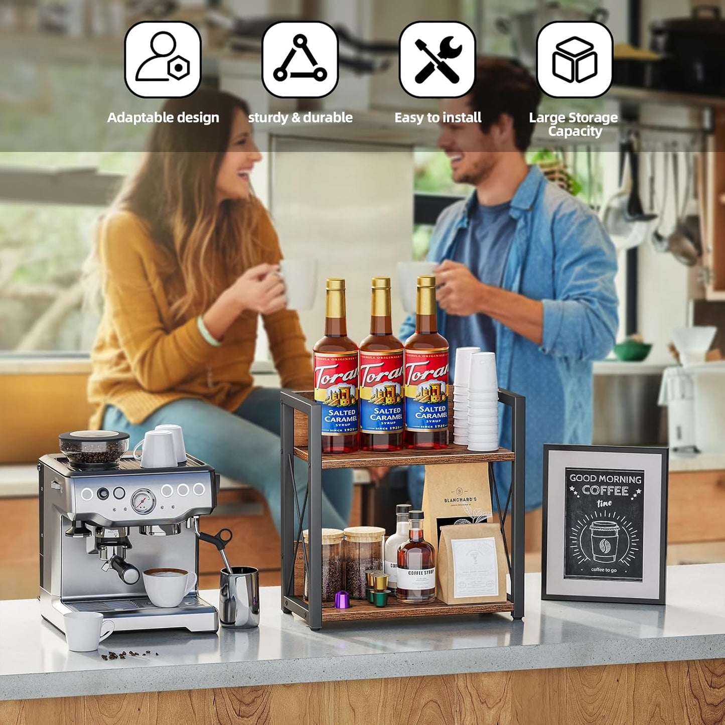 Giikin Counter Shelf Organizer, 2 Tier Kitchen Spice Rack for Countertop, Wood Coffee Counter Organizer for Home (Rustic Brown, L)