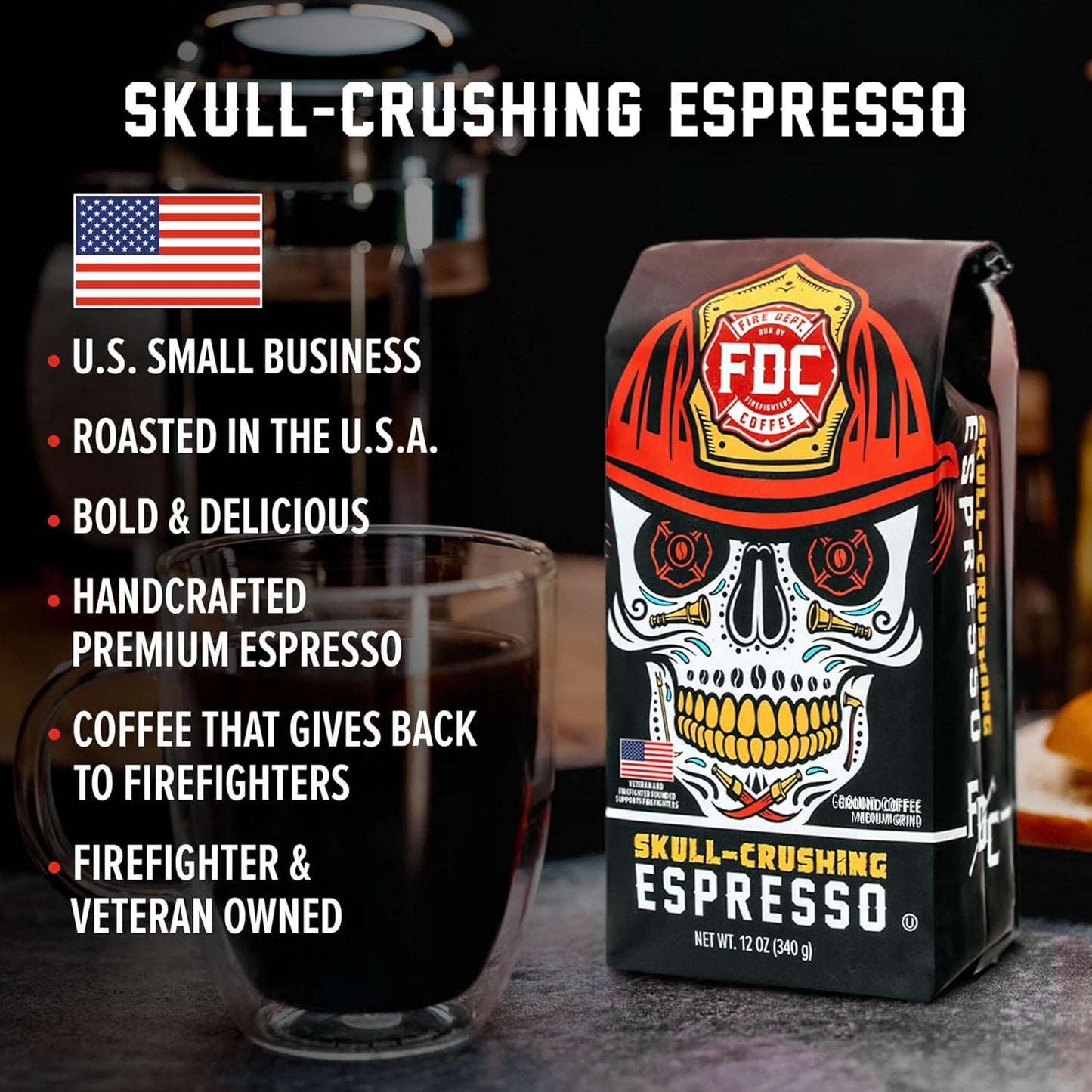 Fire Department Coffee - Gives Back to Firefighters - Skull Crushing Espresso Coffee Beans - Full-Bodied & Bold - Roasted in the USA - Premium Espresso Beans - Veteran Owned (12 oz, Pack of 2)