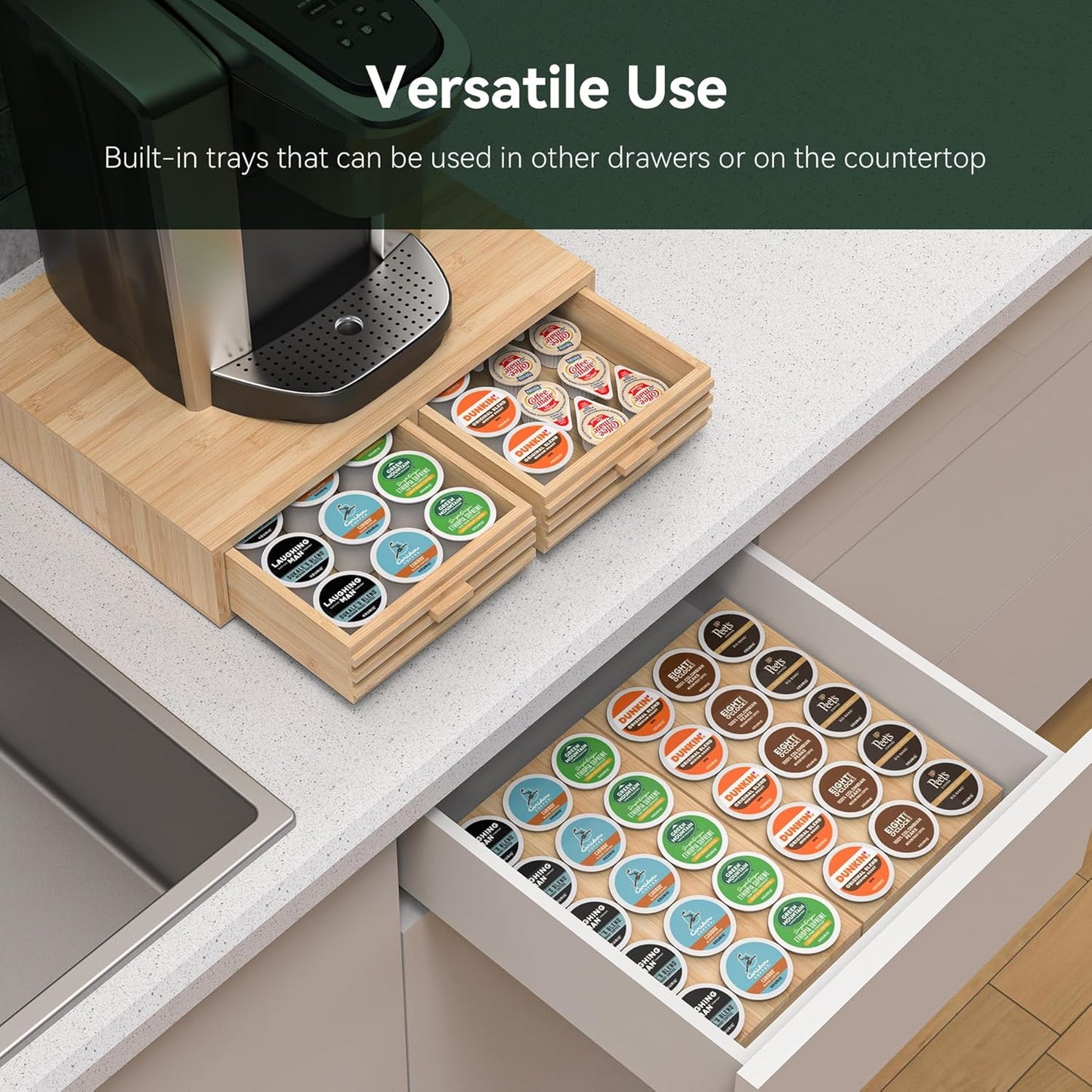 Bamboo K-Cup Pods Holder Organizer - 60 Pod Capacity with 2 Sliding Drawers & 2 Coffee Pod Holder Inserts, Elegant Tea Bag Storage Box for Home, Office & Kitchen Countertop (39.4"x8.2"x8.2")