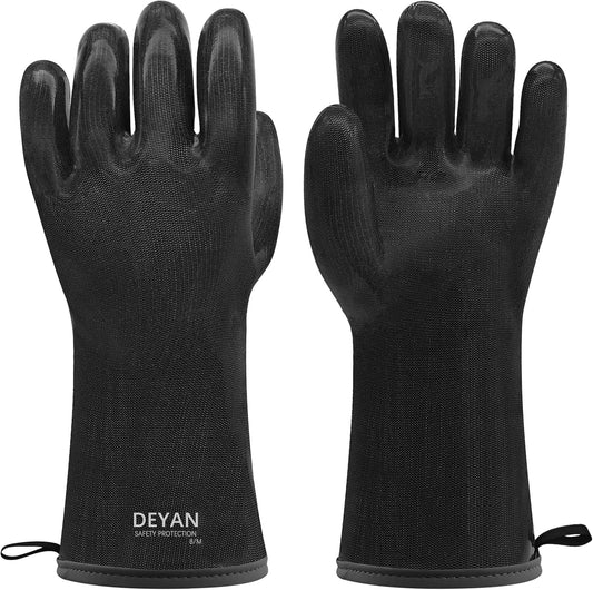 DEYAN Silicone BBQ & Oven Gloves - Food Grade, Heat Resistant Waterproof & Oil Proof Gloves for Grilling, Baking, Frying, Cooking - Long Sleeve & Non-Slip Grip, 1 Pair(Black, 9/L)