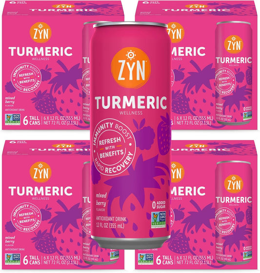 ZYN Turmeric Wellness Drink (24 Pack), Mixed Berry Flavored Turmeric Curcumin Drink with Black Pepper, No Added Sugar, Low Carb & Low Calorie Drink, Clean Alternative