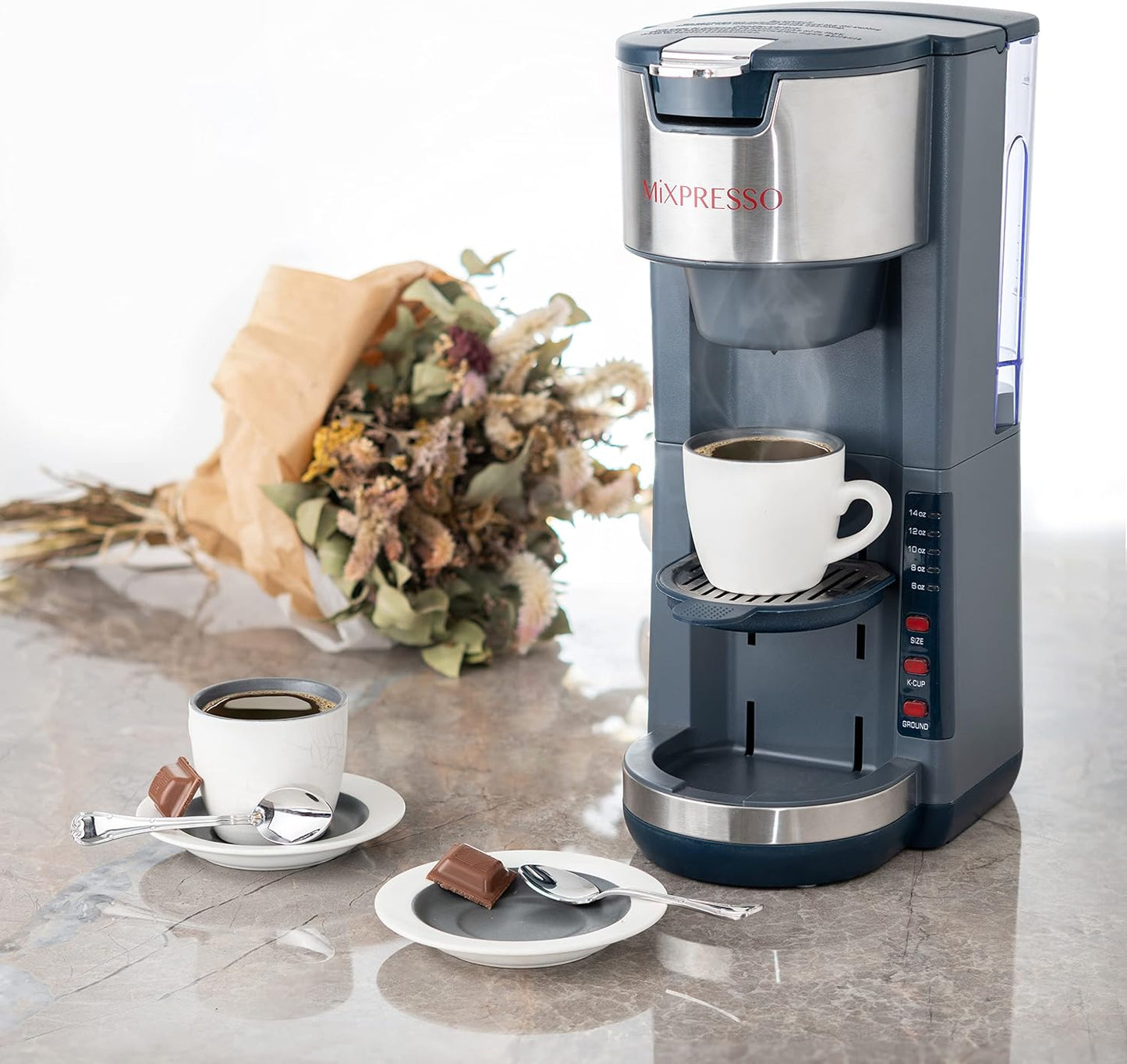 Mixpresso Gray Single Serve Coffee Brewer K-Cup Pods Compatible & Ground, 30 oz Compact Coffee Maker Single Serve With 5 Brew Sizes Up To 14 Oz, Fits Travel Mug, Adjustable Drip Tray