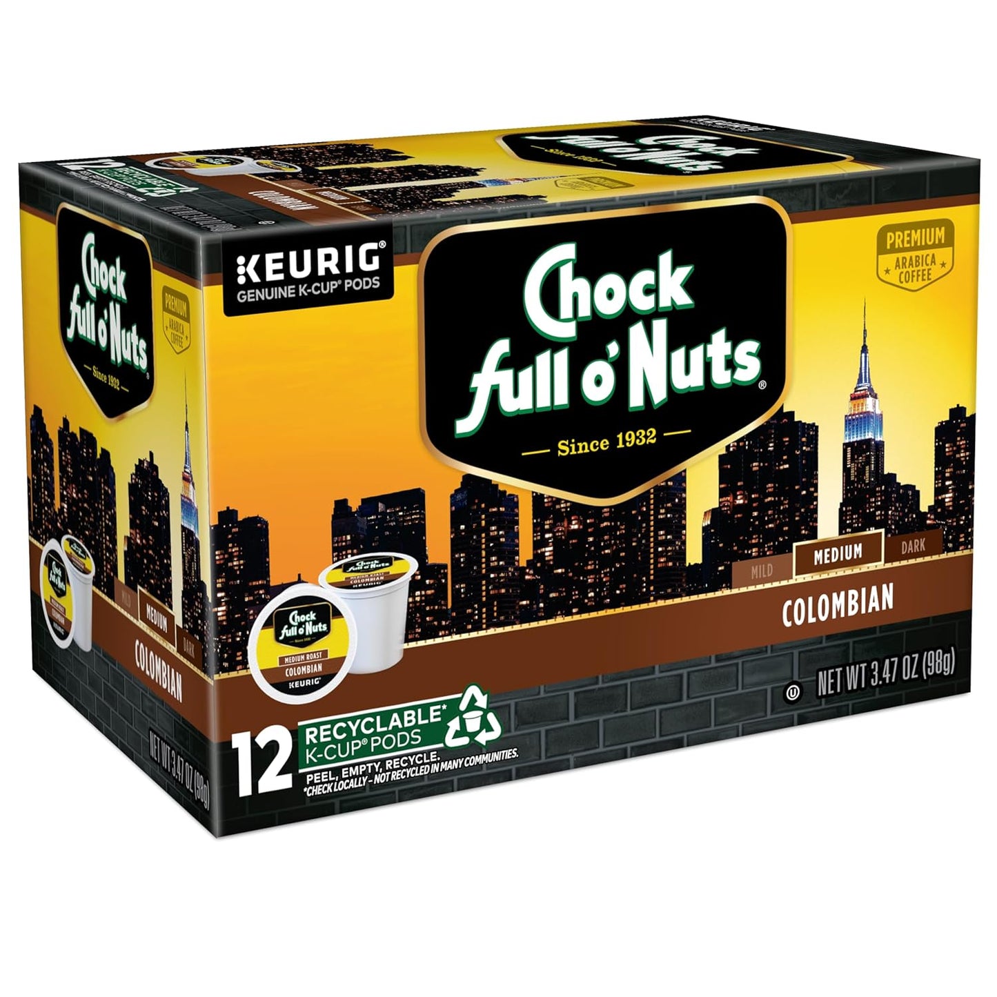Chock Full o'Nuts Colombian Coffee, Compatible with K-Cup Pods, 12 CT (Pack of 6)