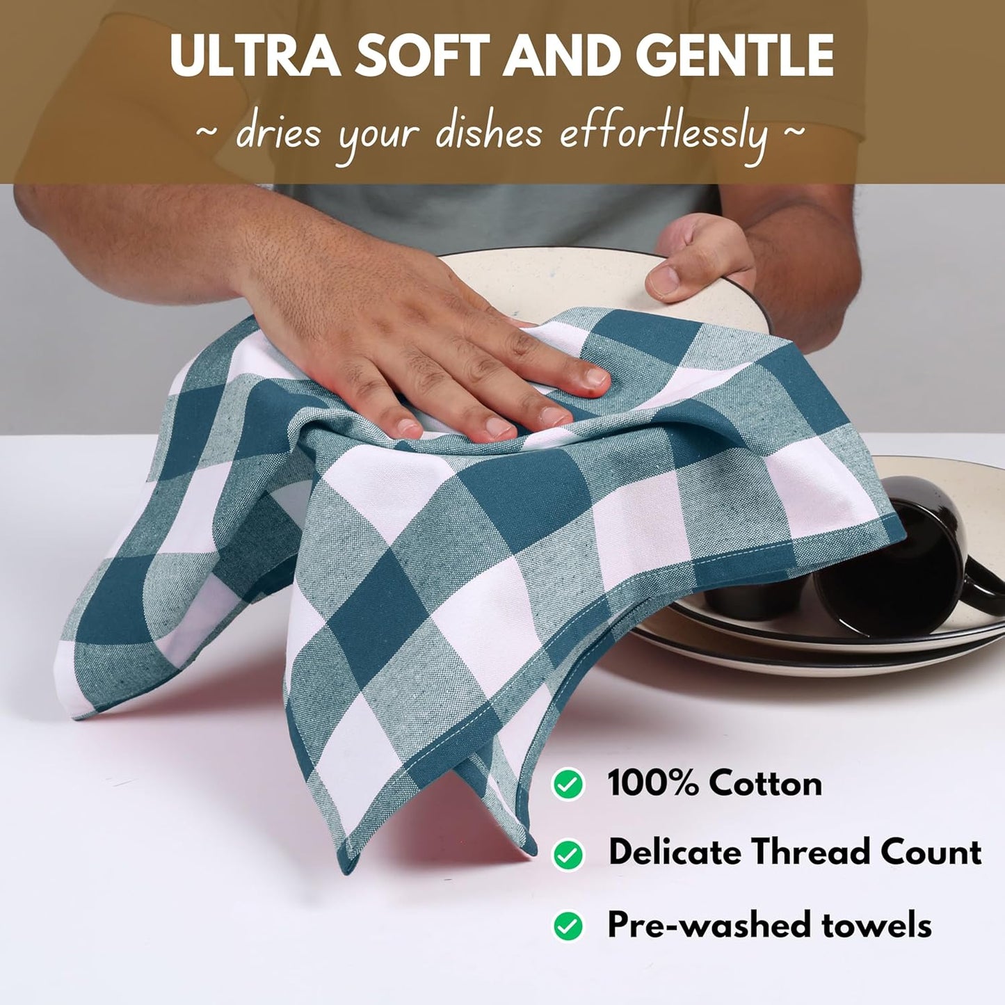 Native Fab 12-Pack Kitchen Towel with Hanging Loop 16x26 inches, Cotton Buffalo Check Kitchen Towels for Cleaning Drying, Washcloths Soft & Absorbent Cloth Rags, Bar Towel, Dish Cloth, Teal Green