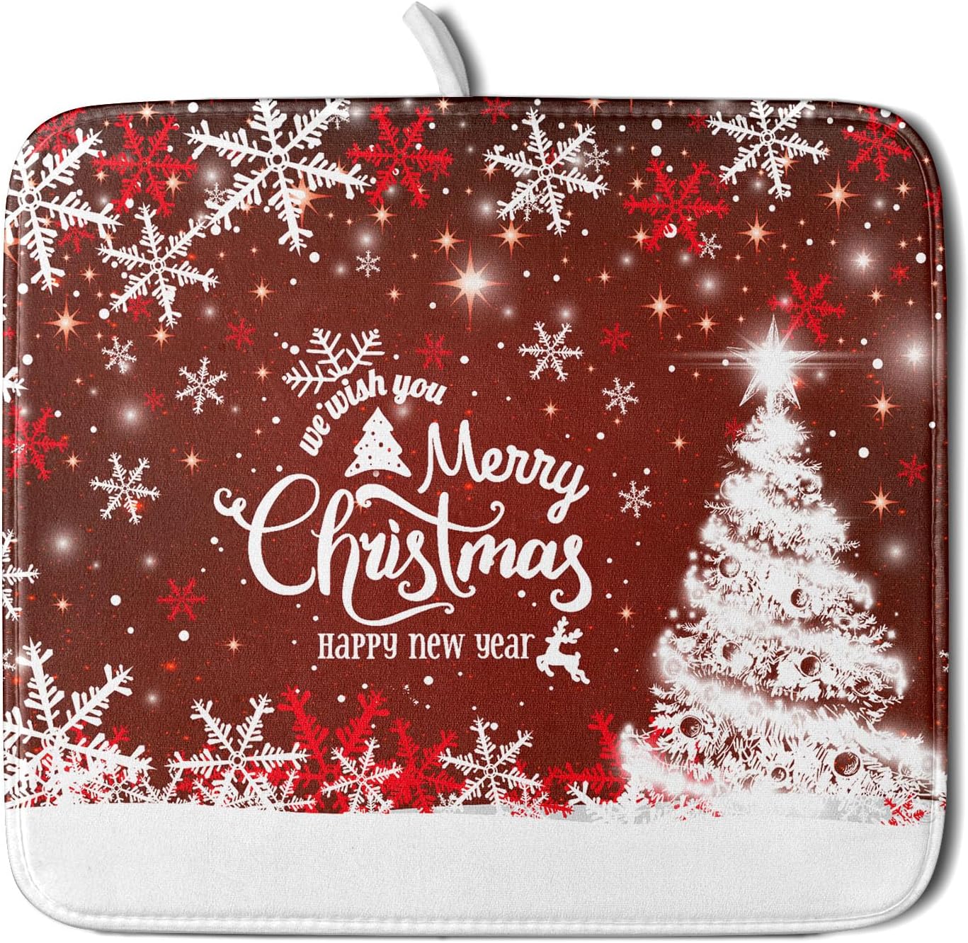 Happy New Year Red Dish Drying Mat for Kitchen Counter,Merry Christmas Tree Snowflake Drying Mat 16 x 18 Inch with High Absorbent Reversible Microfiber Dish Drying Pad Drainer Mat for Coffee Bar