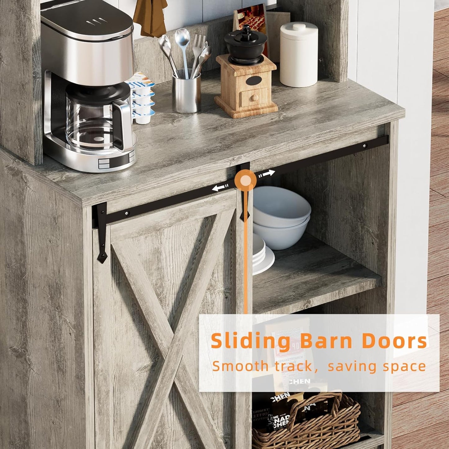 Farmhouse Coffee Bar with 3 Tier Storage Hutch, 56 Inch Small Coffee Station with 6 Hooks, Corner Bar Table with Adjustable Shelves for Living Dining Room (Grey)