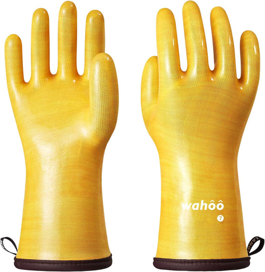 wahoo Professional Liquid Silicone Oven Mitts Gloves, Heat Resistant Gloves for Cooking, Baking, CoralAir Liner, 12 Inch, Yellow, Medium