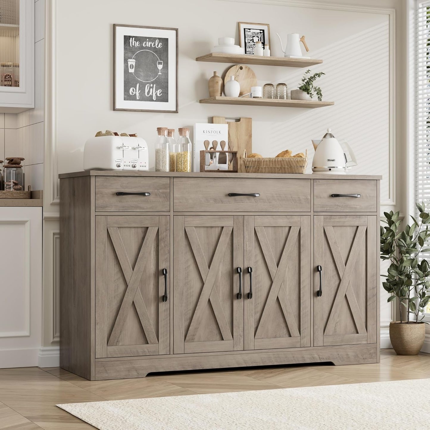 HOSTACK Buffet Sideboard Cabinet with Drawers, 55" Large Buffet Storage Cabinet with Shelves and Doors, Modern Farmhouse Coffee Bar Station for Kitchen, Dining Room, Ash Grey