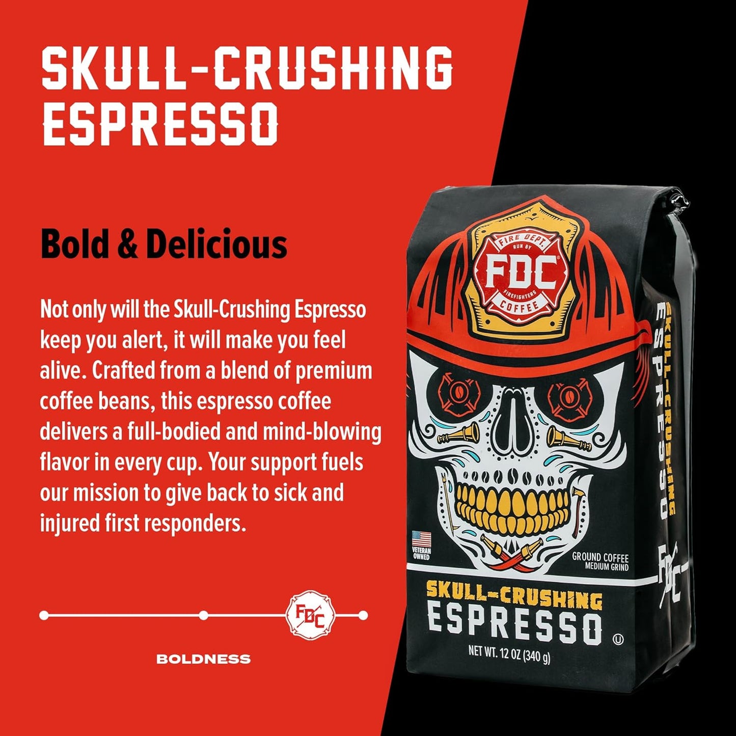 Fire Department Coffee - Gives Back to Firefighters - Full-Bodied & Bold Skull Crushing Espresso Beans - Roasted in the USA - Premium Whole Bean Coffee - Veteran Owned - 12 oz