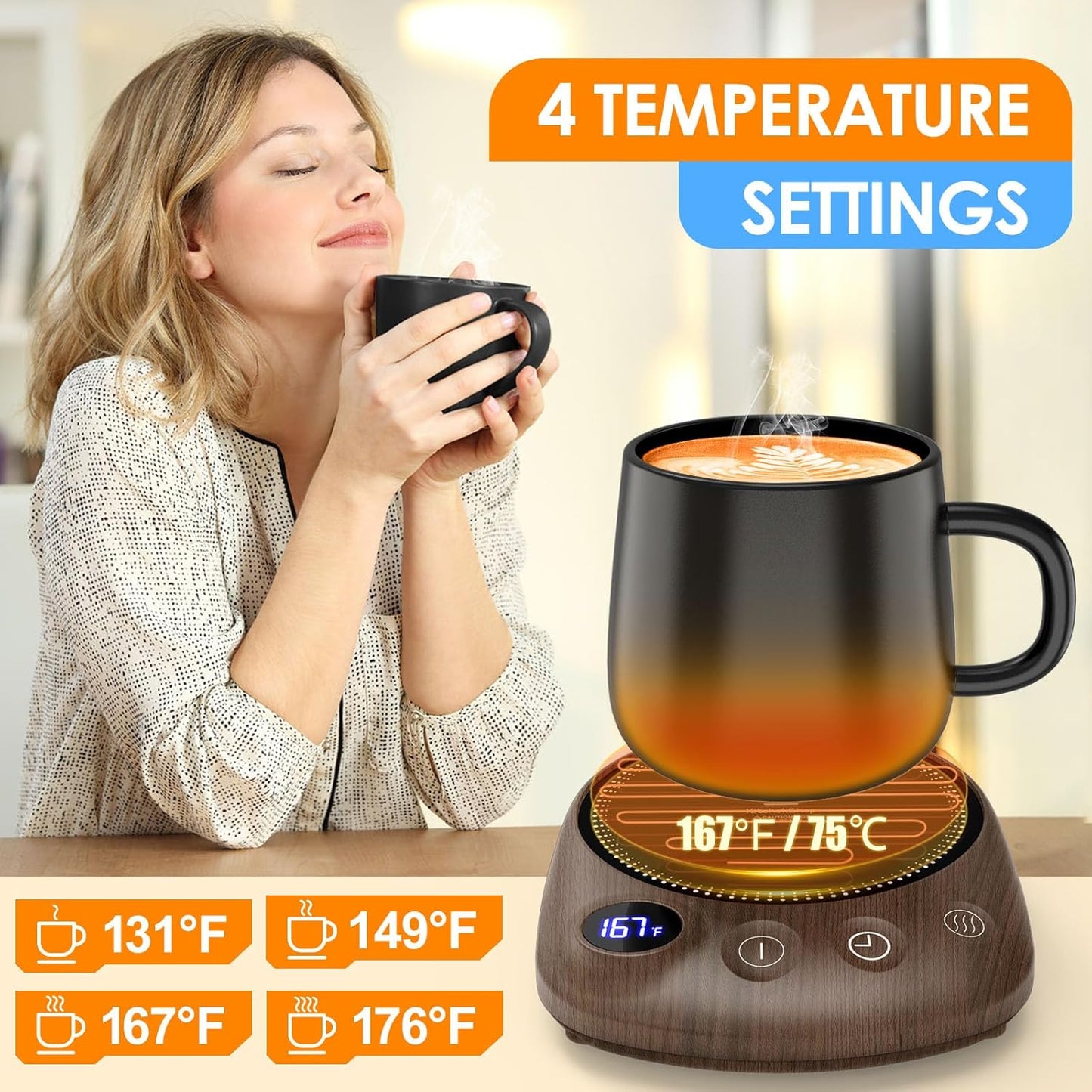 Coffee Mug Warmer - Fastest Heating & Highest Temperature, Coffee Cup Warmer for Desk Auto Shut Off, 4 Temp Settings & 1-12H Timer, Smart Electric Beverage Warmer for Coffee, Tea (Wood)