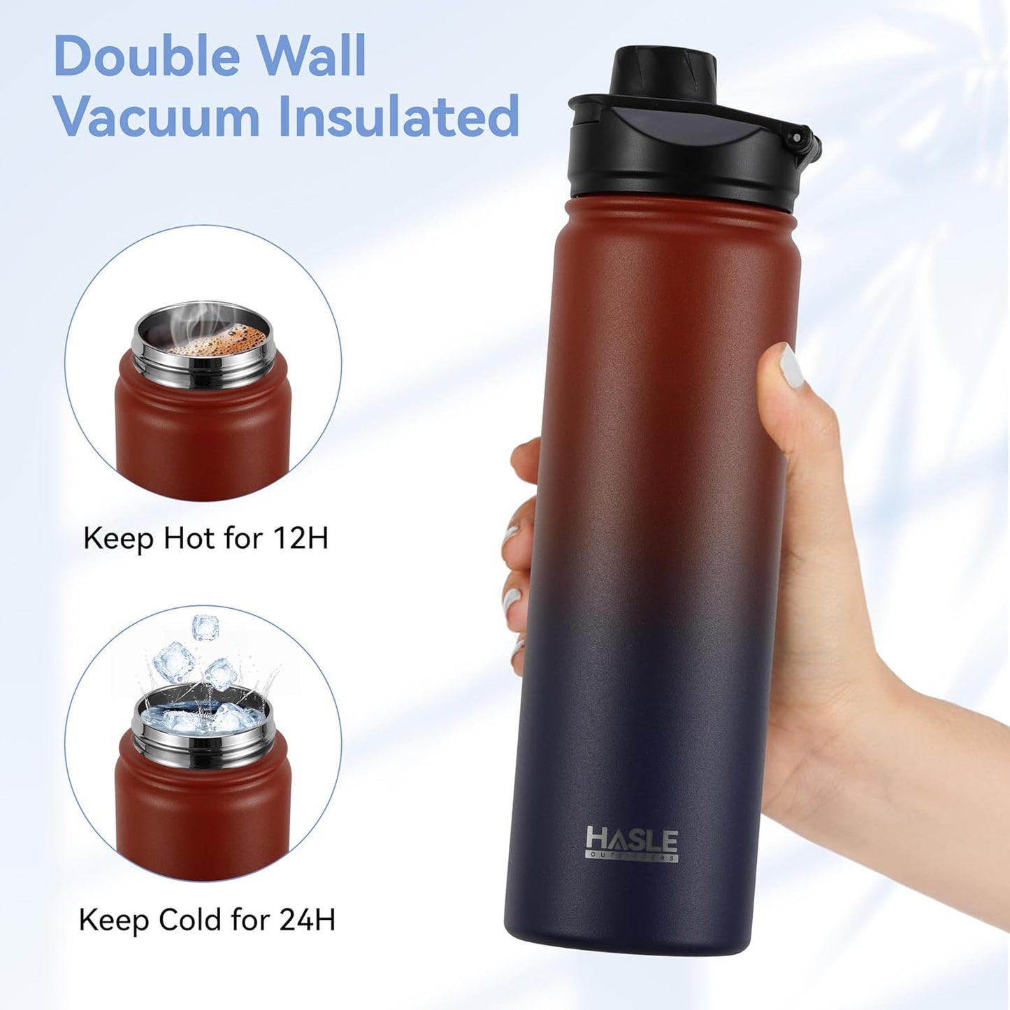 HASLE OUTFITTERS Insulated Water Bottle 22 oz Double Wall Stainless Steel Water Bottle Wide Mouth with Straw Lid & Spout Lid Keeps Cold or Hot(Ruby Purple Gradient,1)