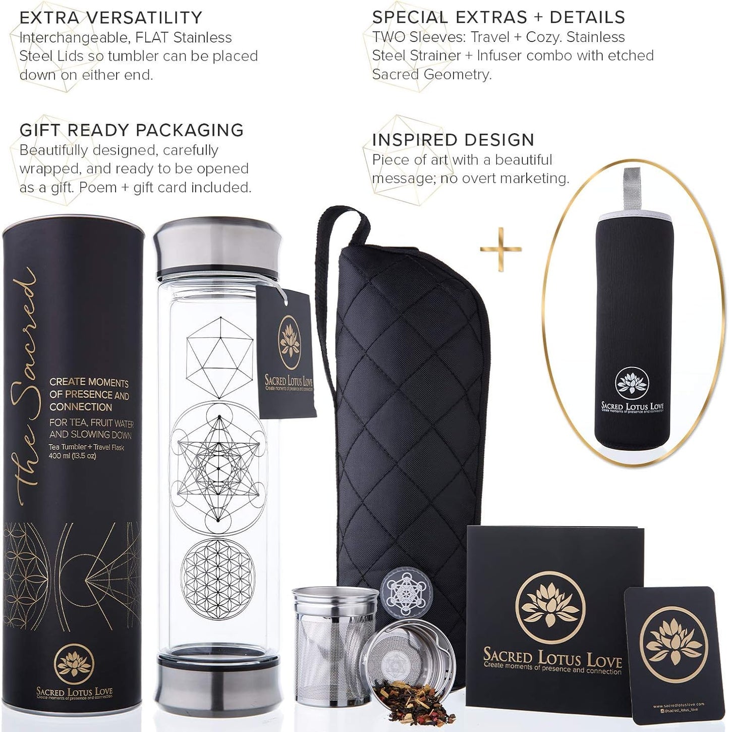 Sacred Lotus Love Double-Walled Glass Tea Infuser Bottle - Portable Travel Mug with Strainer and Sleeve for Loose Leaf Tea, Coffee, Smoothies - Insulated Tumbler with Lid for Hot and Iced Beverages