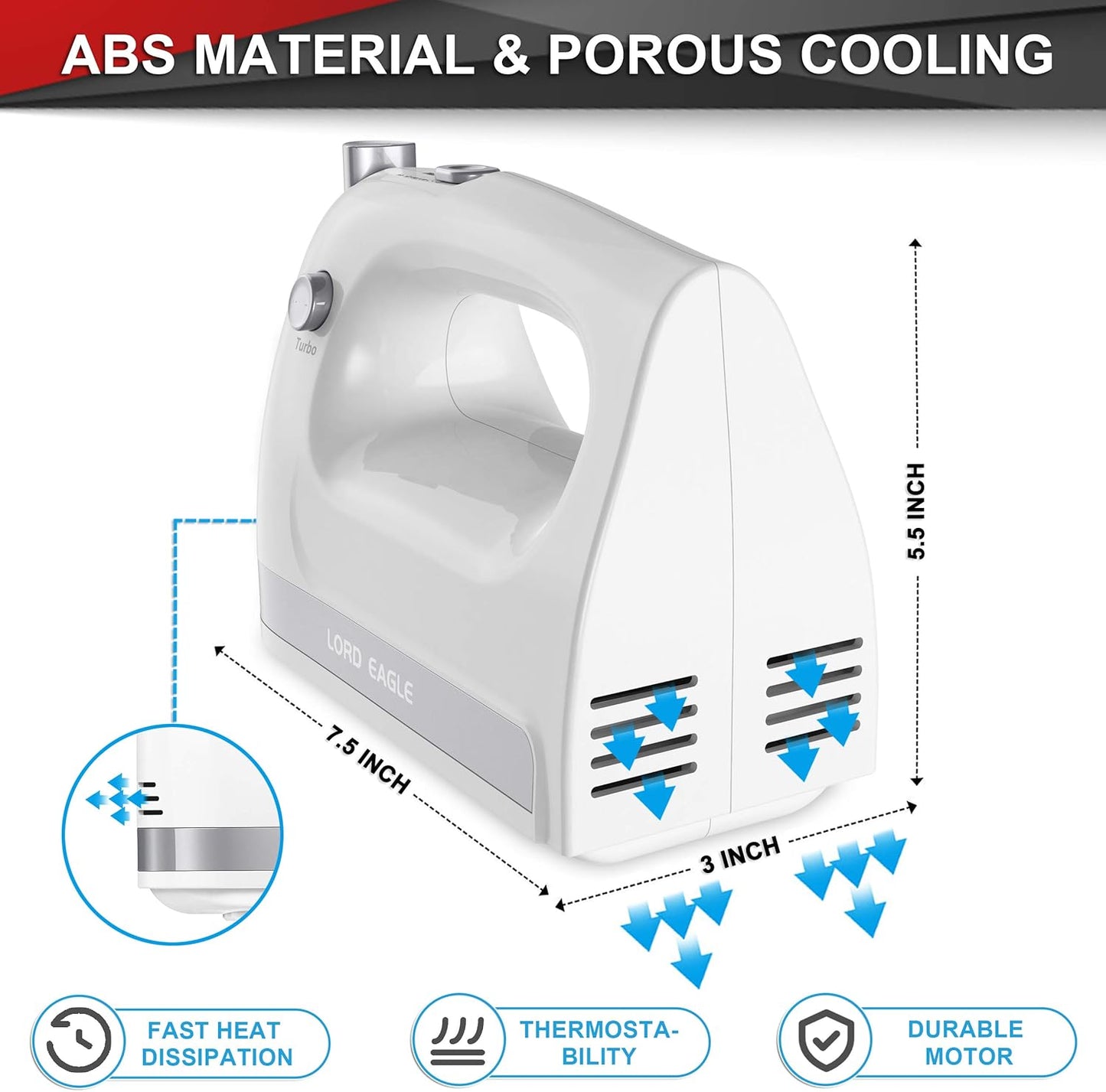 Lord Eagle Hand Mixer Electric 400W, 5 Speed handheld Mixer, 5 Stainless Steel Accessories for Baking Cake Egg Cream Food Beater, Turbo Boost/Self-Control Speed + Eject Button