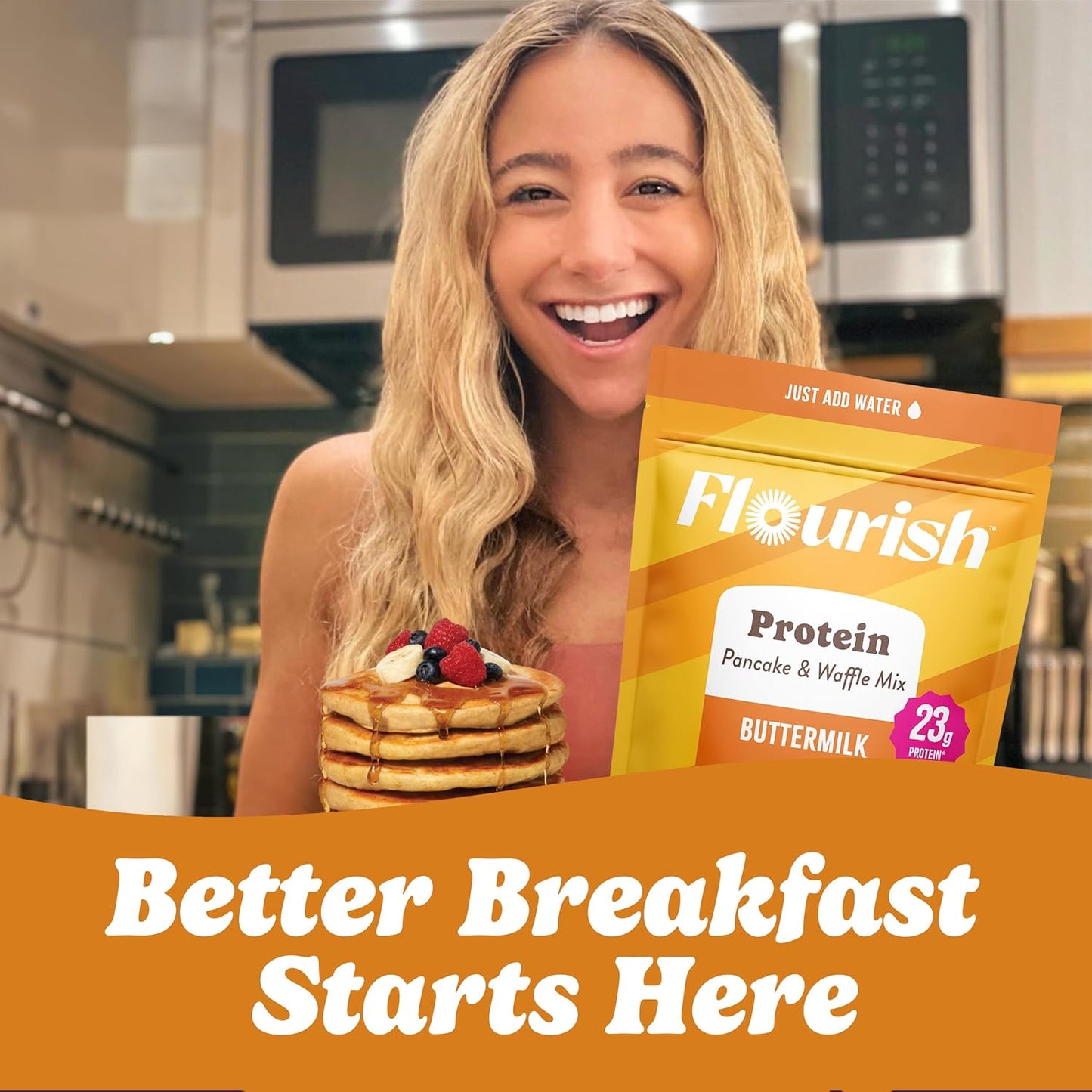 Flourish Protein Pancake & Waffle Mix, with Whey Protein & Flax Seed, No Added Sugar, High in Protein & Fiber - Just Add Water - Buttermilk Flavour, 430g (3 Pack) - Made in Canada