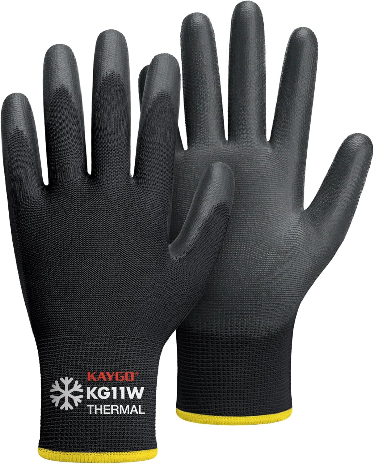 KAYGO Winter Work Gloves for Men and Women, 12 Pairs Thermal Insulated Safety Work Gloves PU Coated, Smooth Grip on Palm & Fingers,Ideal for Freezer Work,Black,L