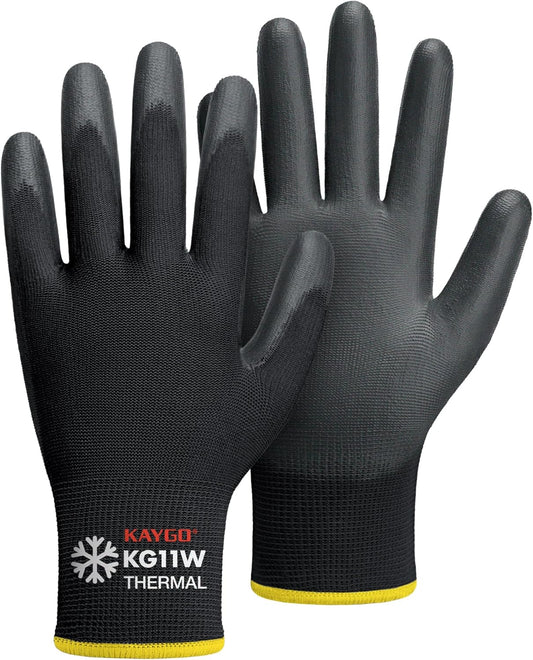 KAYGO Winter Work Gloves for Men and Women, 12 Pairs Thermal Insulated Safety Work Gloves PU Coated, Smooth Grip on Palm & Fingers,Ideal for Freezer Work,Black,L