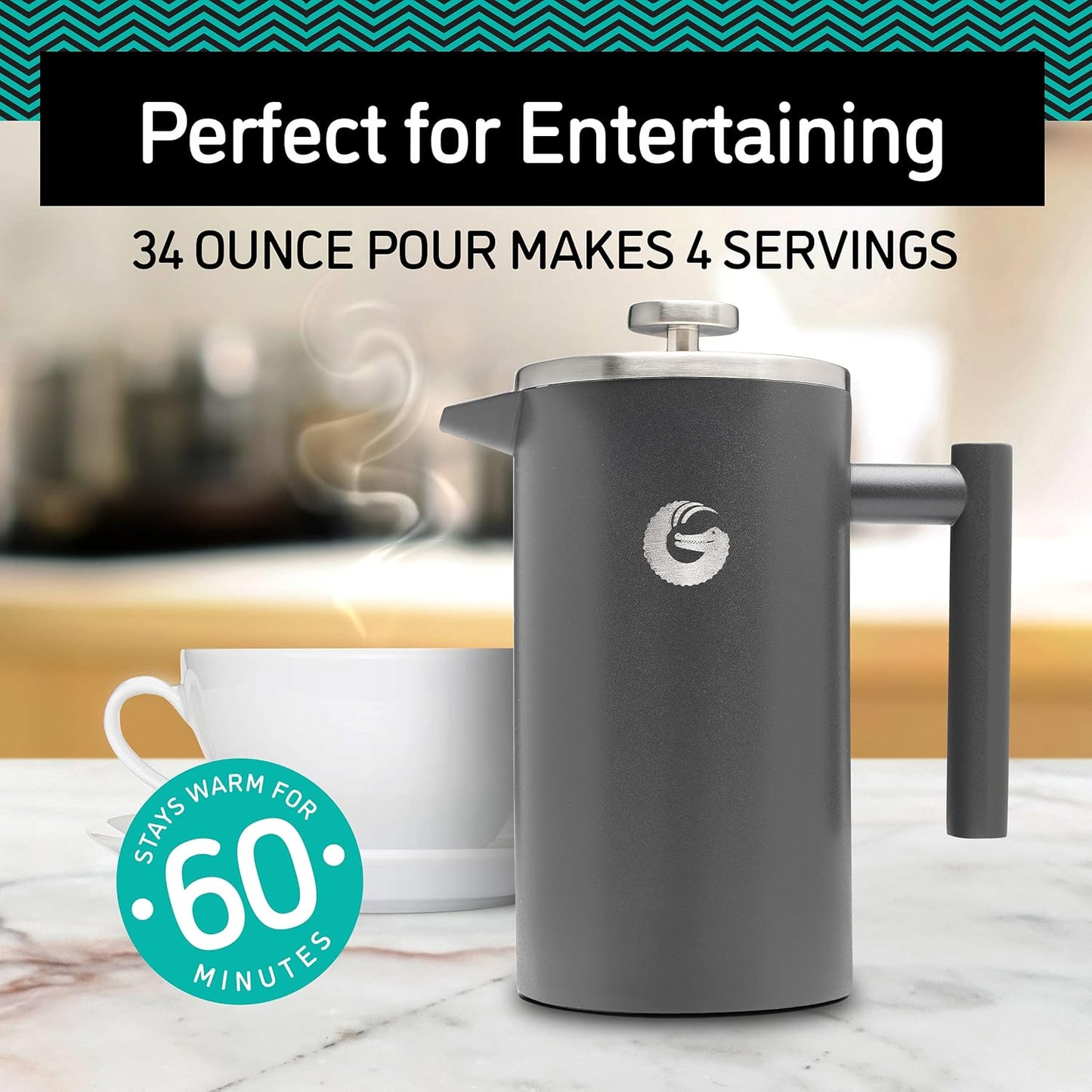 Coffee Gator French Press Coffee Maker 34oz, Double Insulated Stainless Steel Brewer plus Travel Jar Canister, Portable Hot Cold Brew Tea Cafetera for Coffee Bar Accessories Kitchen Camping, Black