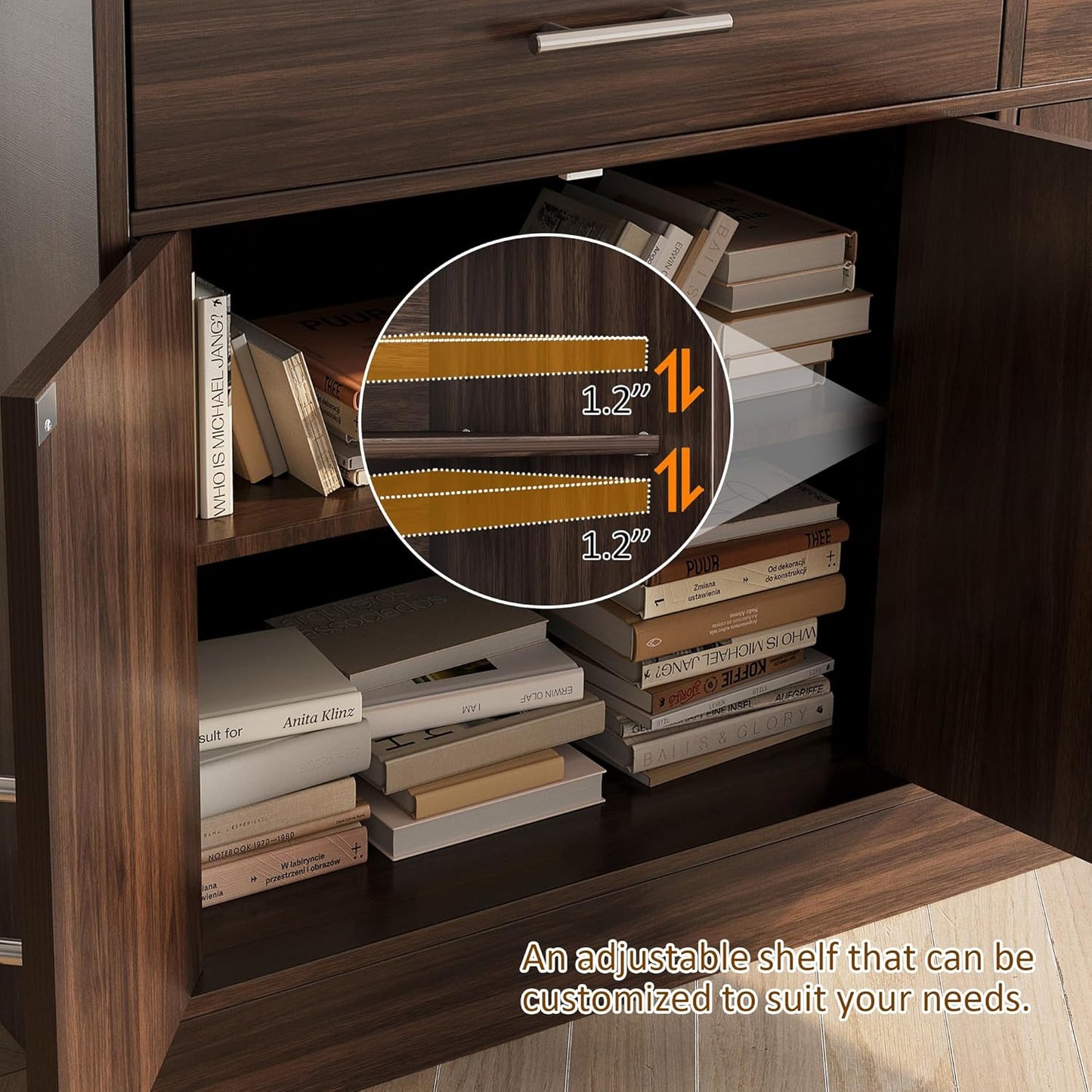 Vongrasig 43” Sideboard Buffet Cabinet with Storage, Farmhouse Coffee Bar with Drawers and Shelves, Wood Buffet Table for Kitchen Dining Room, Living Room, Rustic Brown