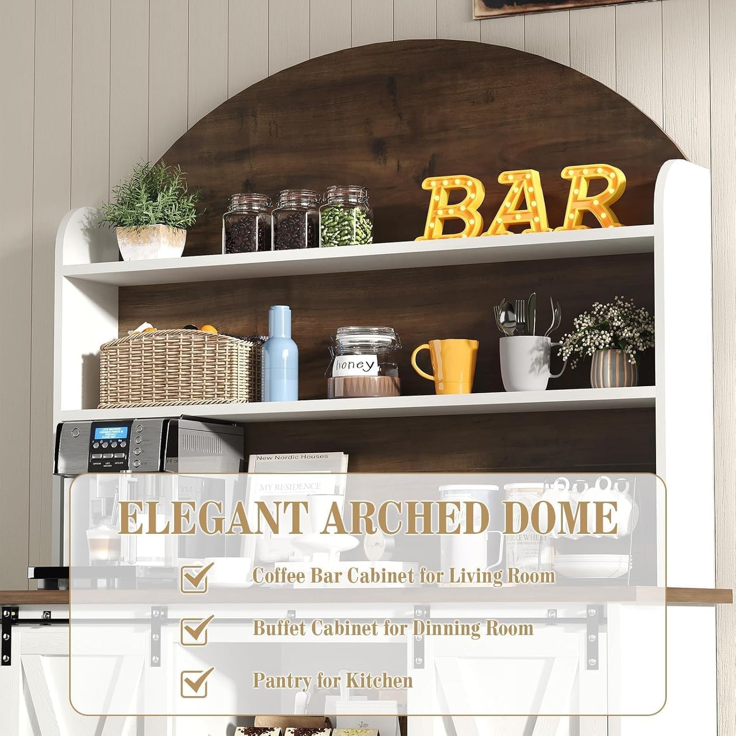 4 EVER WINNER Farmhouse Coffee Bar with 3-Tier Storage, 67” Coffee Bar Cabinet with Sliding Barn Doors, Hutch Cabinet with Storage & 9 Wine Racks, White