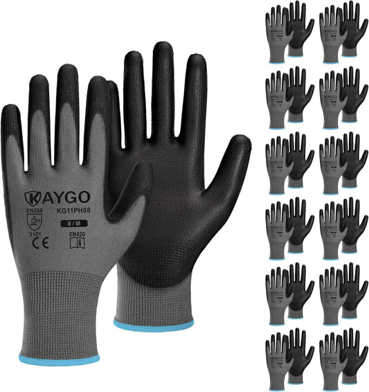 KAYGO Safety Work Gloves PU Coated-12 Pairs KG11PB Seamless Knit Glove with Polyurethane Coated Smooth Grip on Palm & Fingers for Men and Women, Gray Medium