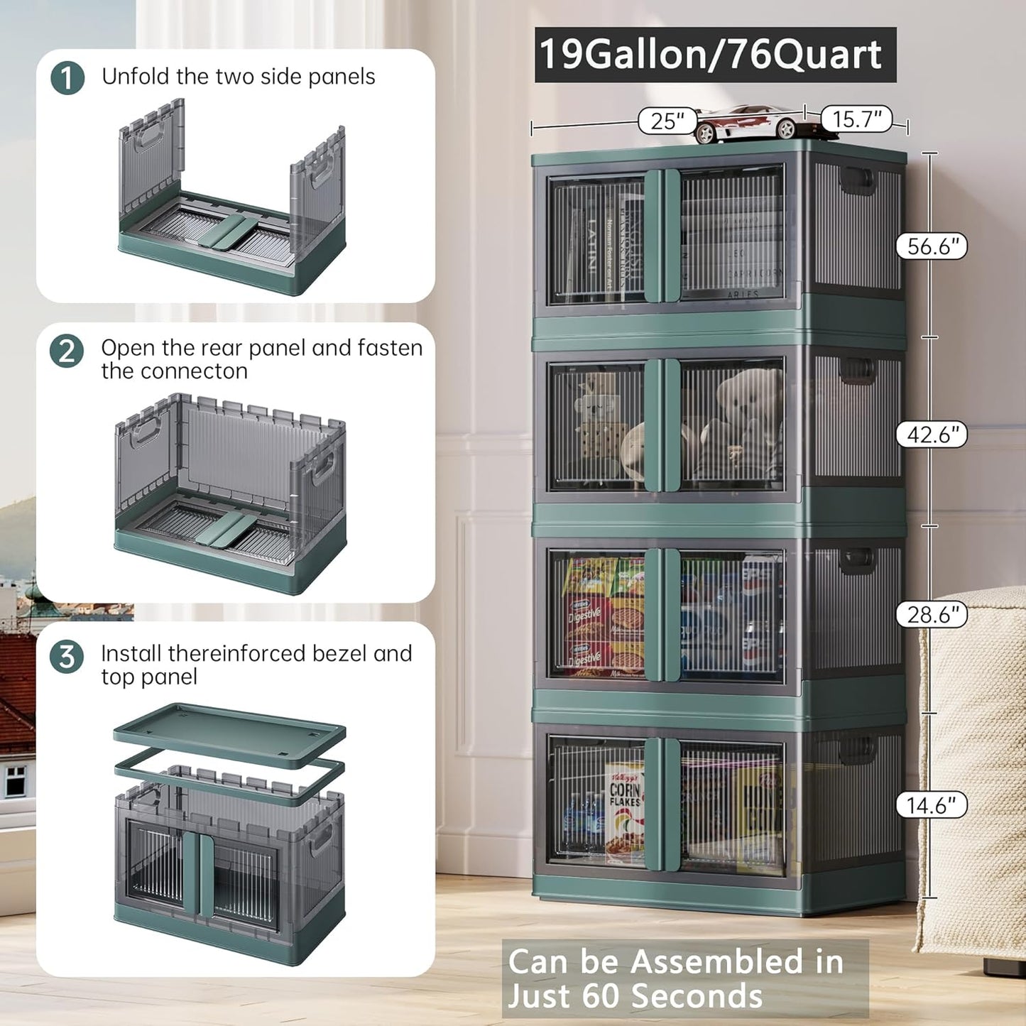19Gal Collapsible Storage Bins with Lids & Wheels - 2 Pack Stackable with Doors, Heavy-Duty Plastic Containers for Home/Office, Green