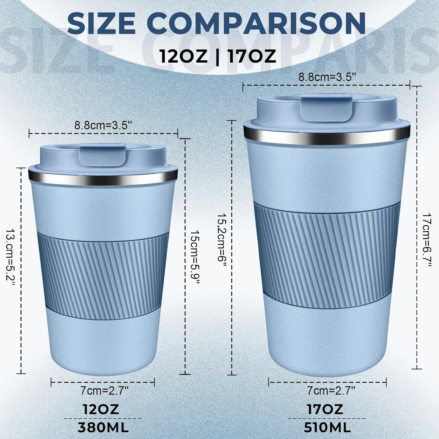 Insulated Coffee Tumbler 12 oz, Stainless Steel Coffee Mug with Lids, Travel Coffee Mug Leak Proof, Double Wall Vacuum Insulated Reusable Coffee Cup, Keep Drinks Hot and Cold (Sky Blue, 12 Ounces)