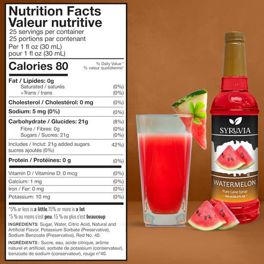 Syruvia Watermelon Syrup (25.4 fl oz) - Refreshing Watermelon Flavor in Every Drop – Kosher, Gluten-Free, Perfect for Elevating Your Culinary and Beverage Adventures